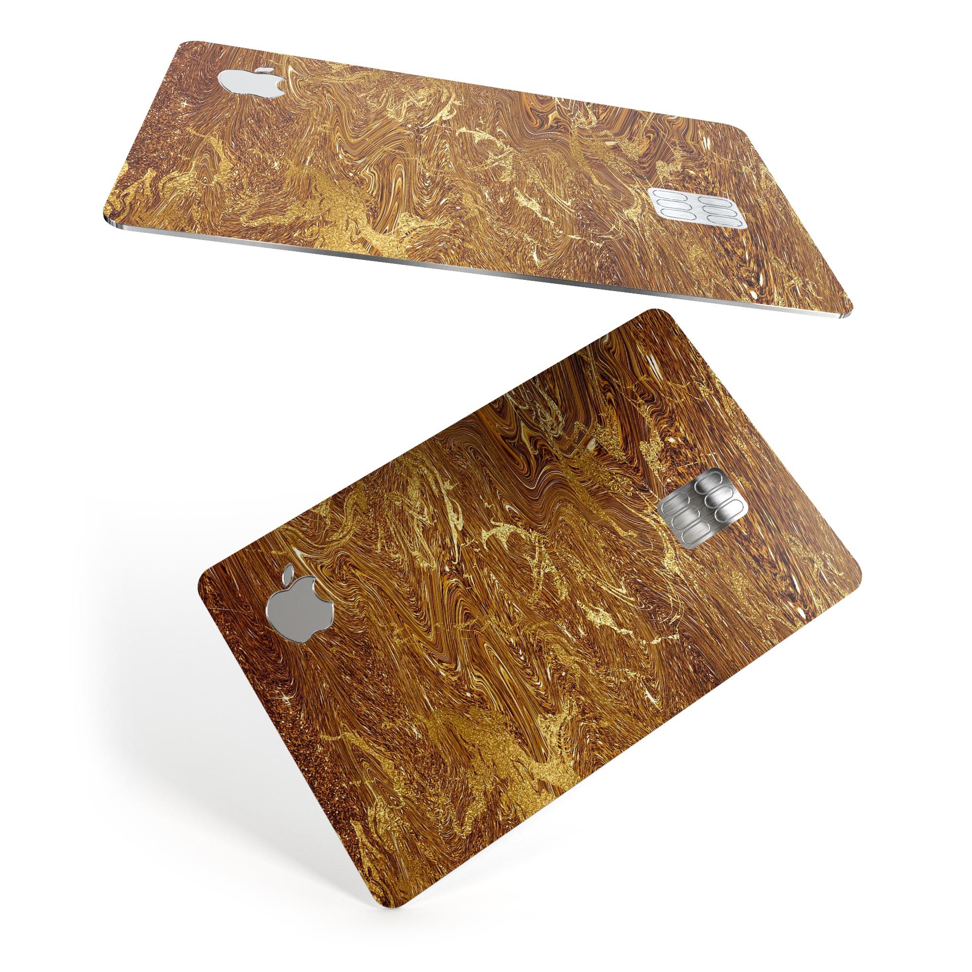 Molten Gold Digital Foil Swirl V2 skin applied on an Apple Card, showcasing its premium design and glossy finish.