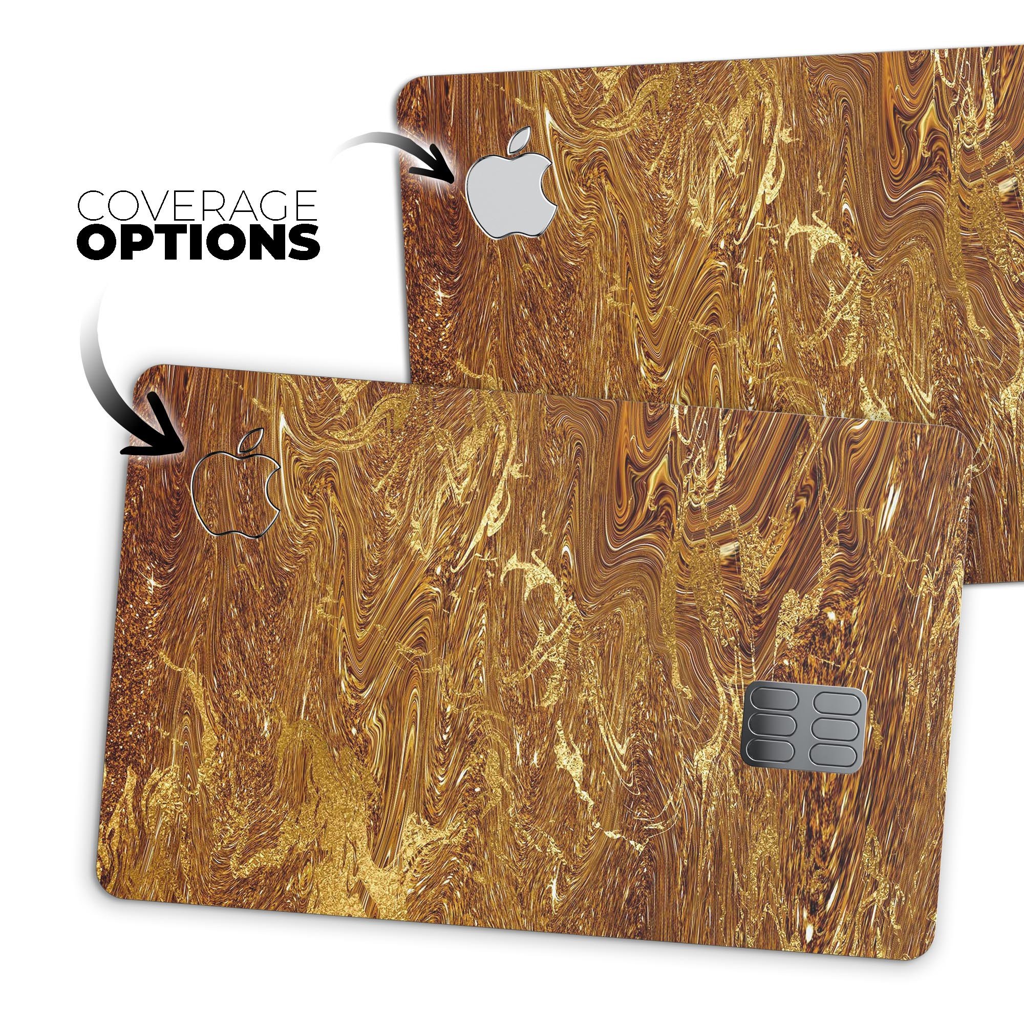 Molten Gold Digital Foil Swirl V2 skin applied on an Apple Card, showcasing its premium design and glossy finish.