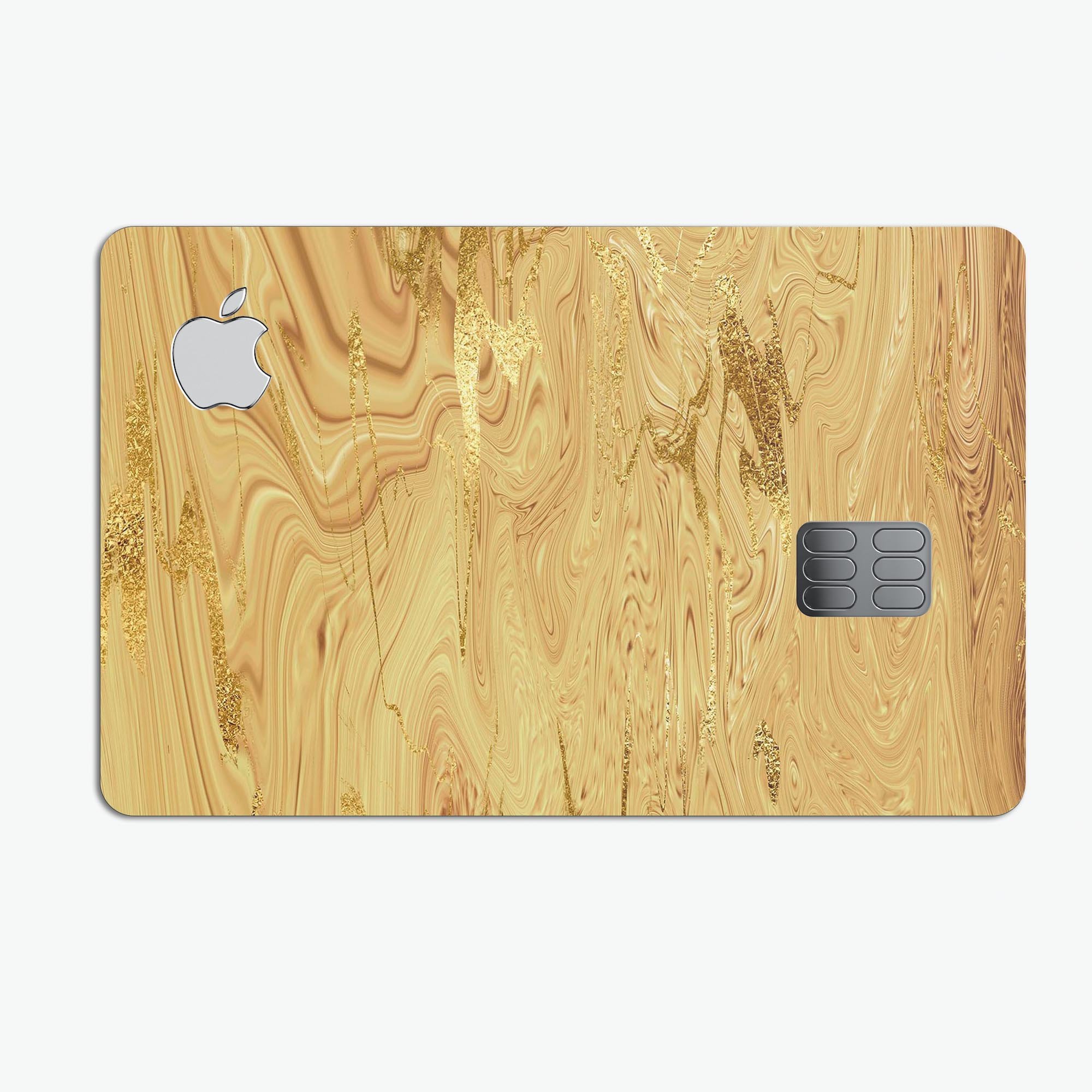 Molten Gold Digital Foil Swirl V3 skin applied on an Apple Card, showcasing its premium design and protective features.
