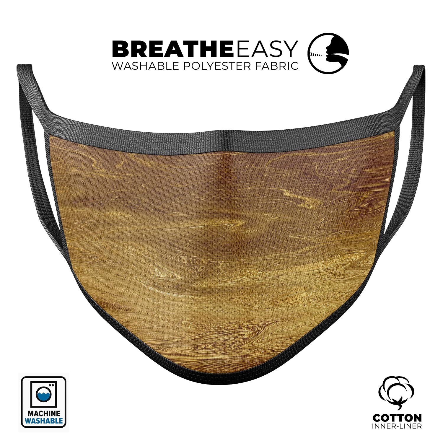 Molten Gold Digital Foil Swirl V7 unisex mouth cover, featuring a vibrant design and adjustable ear loops for a comfortable fit.