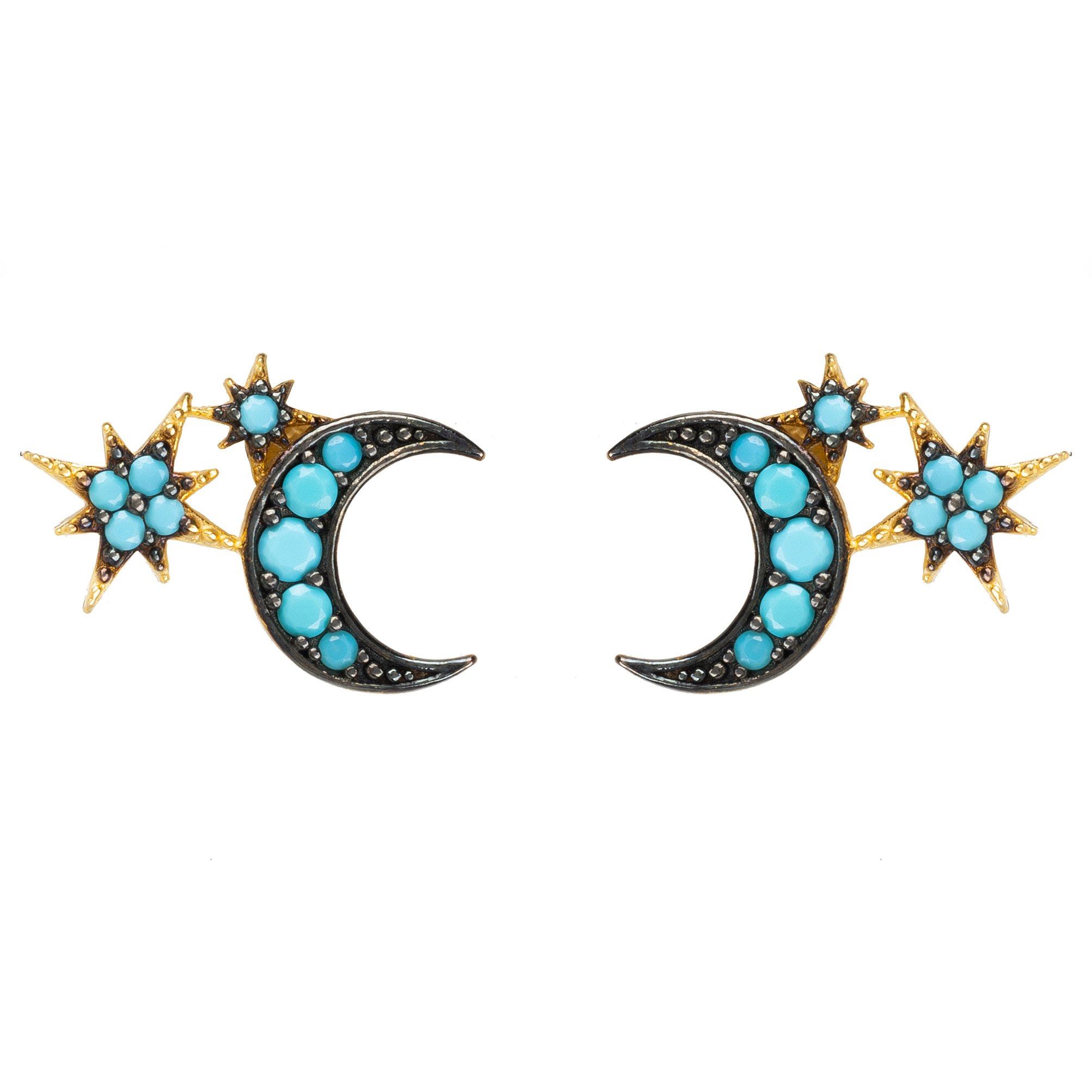 Moon and Starburst Mini Earrings in Turquoise featuring a crescent moon and stars, crafted from sterling silver and adorned with turquoise cubic zirconia.