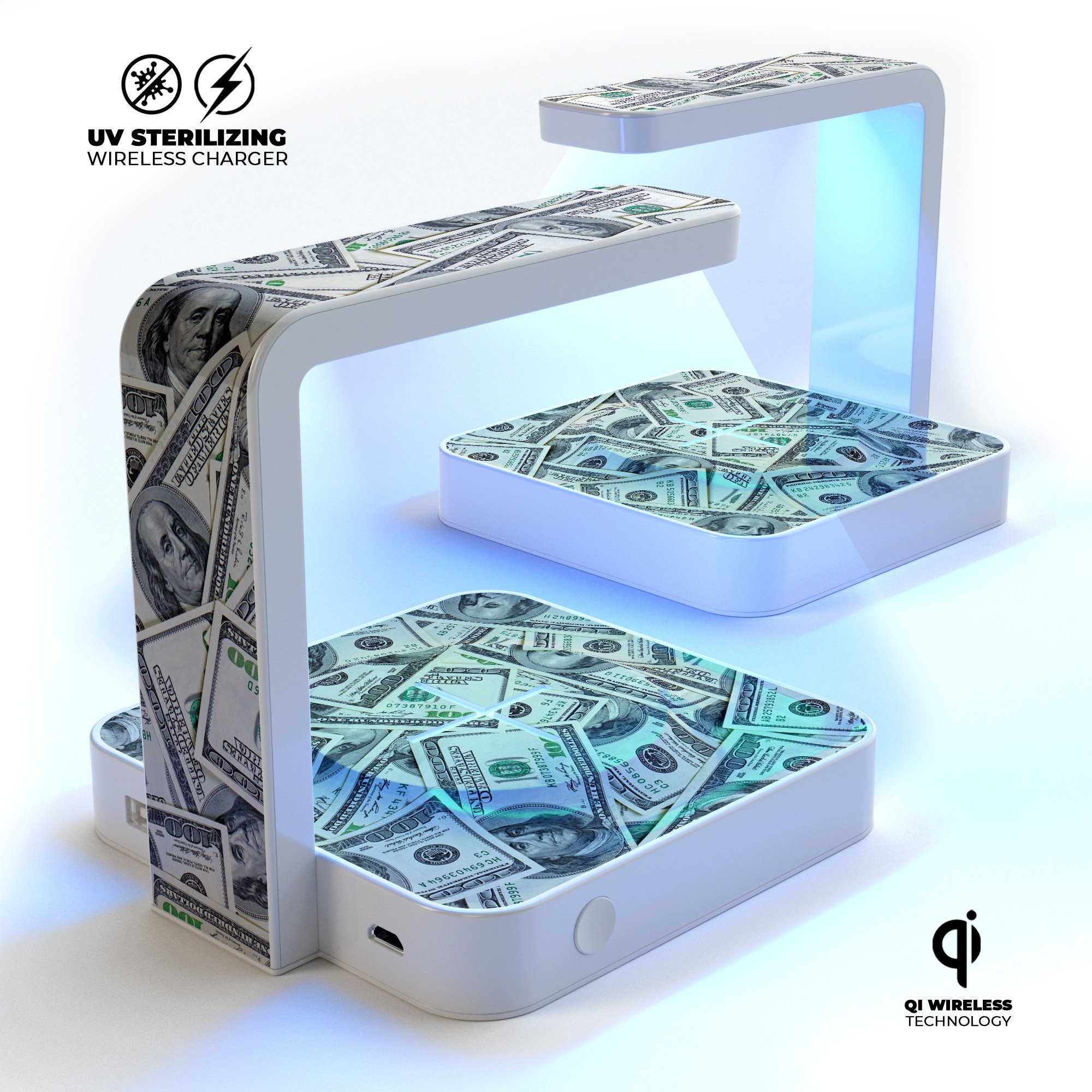 MoneyMan UV Germicidal Sanitizing Wireless Charger with phone placed on it, showcasing its sleek design and sterilizing lamp.