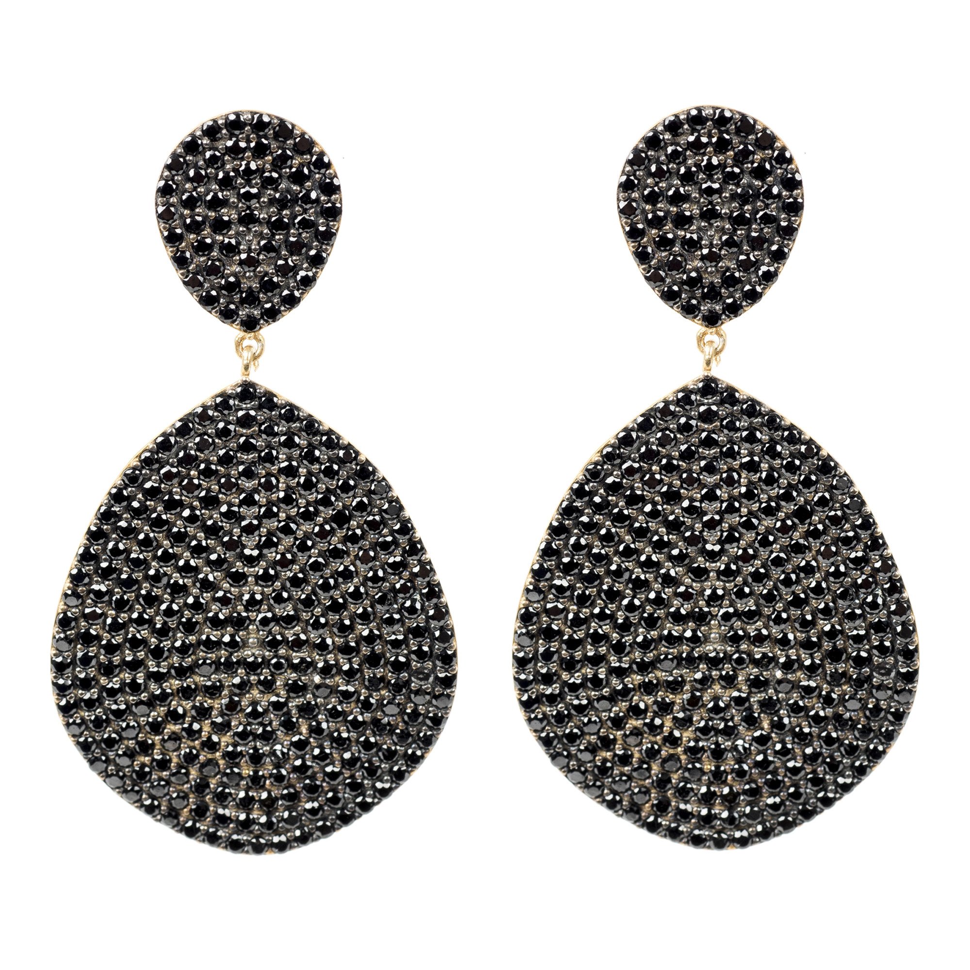 Monte Carlo Earrings featuring gold and black zircon, showcasing elegant design and luxurious materials.
