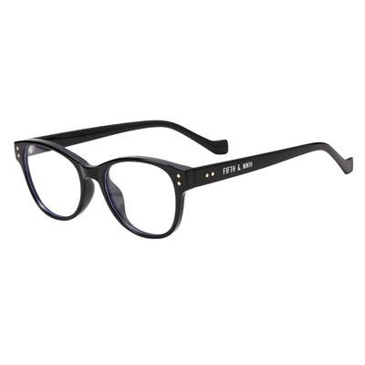 Black-rimmed eyeglasses with text.