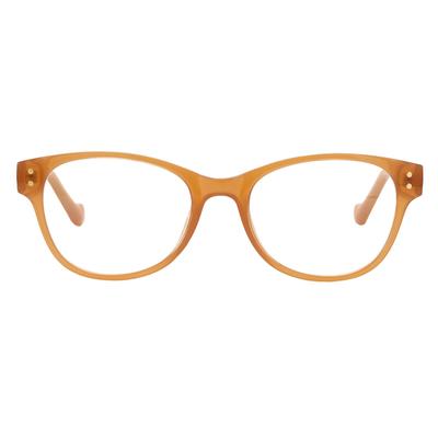 Yellow-brown eyeglasses with clear lenses.