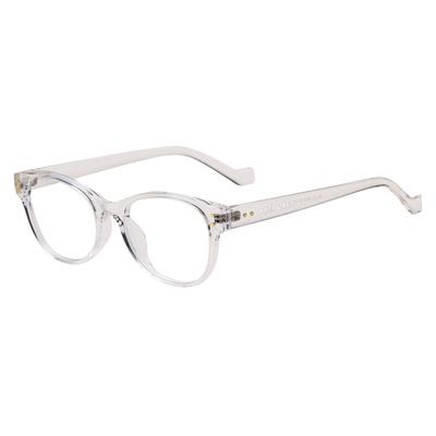 Clear round eyeglasses with temples.