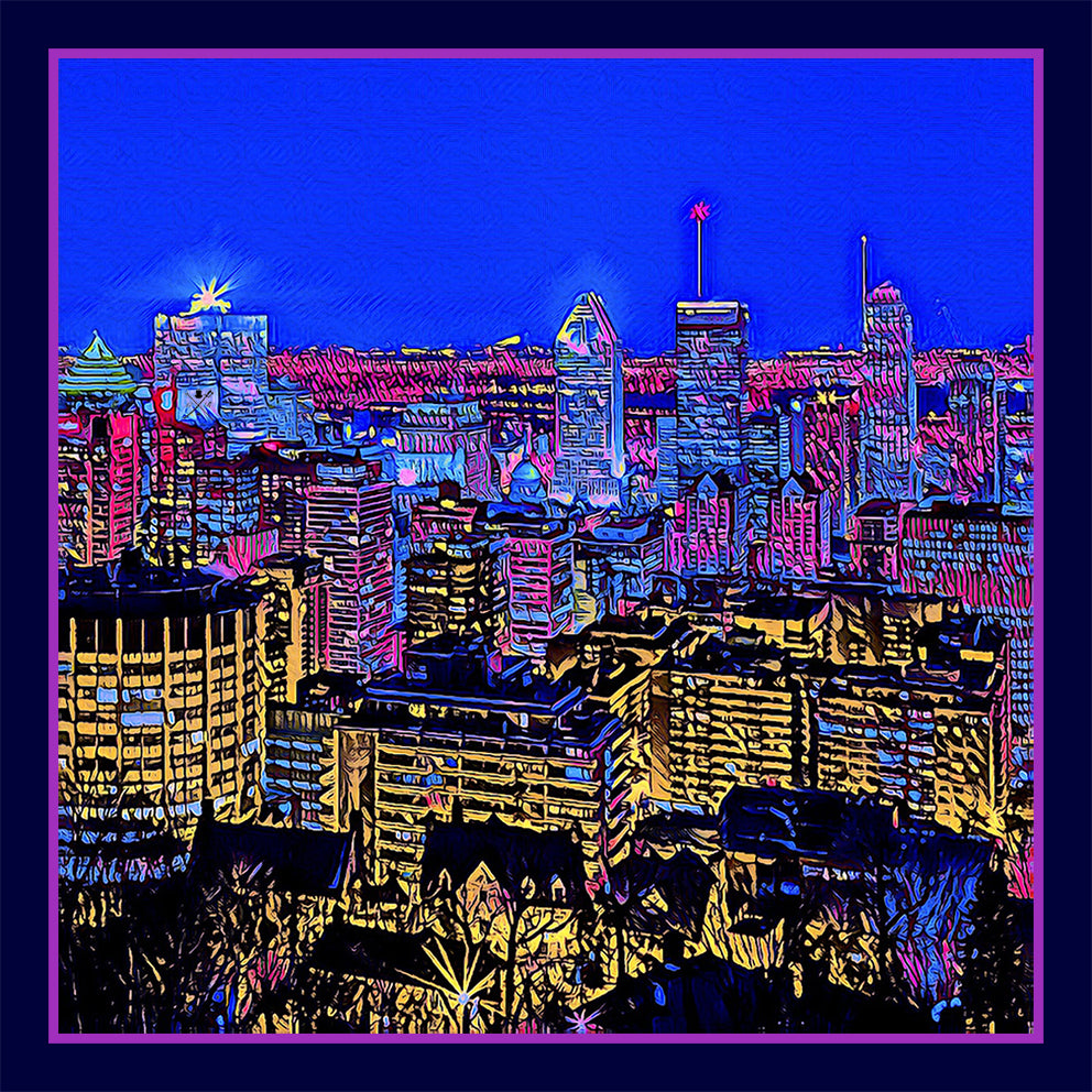 Montreal Skyline Pocket Square featuring iconic city landmarks in vibrant colors, elegantly folded.