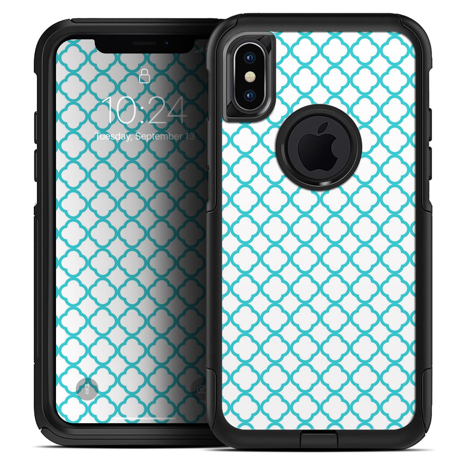 Moracan Teal on White Skin Kit for iPhone OtterBox Cases, showcasing vibrant design and premium quality materials.