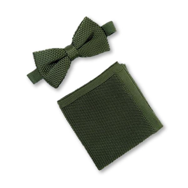 Moss green knitted bow tie and matching pocket square set displayed elegantly on a white background.