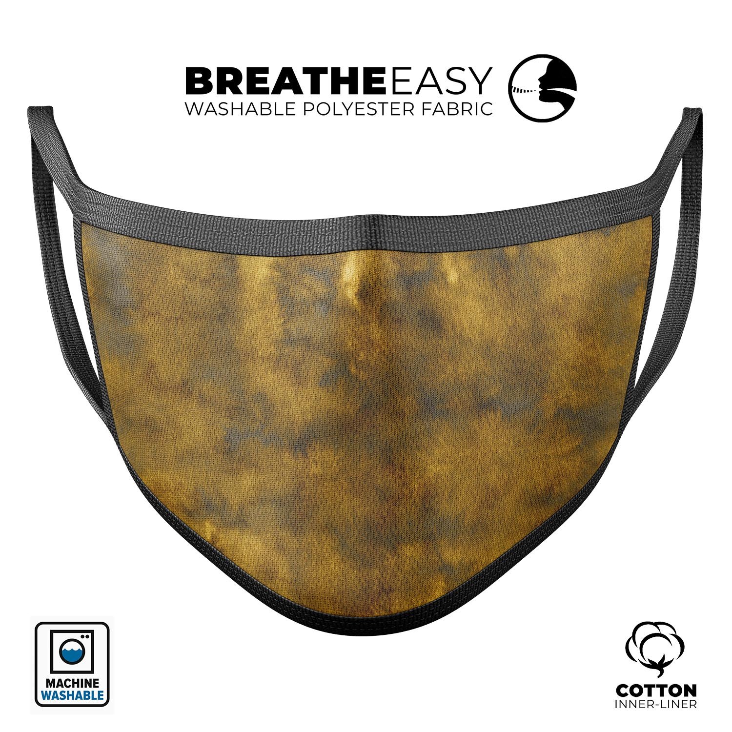 Mottled Golden Fibers mouth cover, showcasing a stylish design with adjustable ear loops, made from soft cotton and memory foam for comfort.