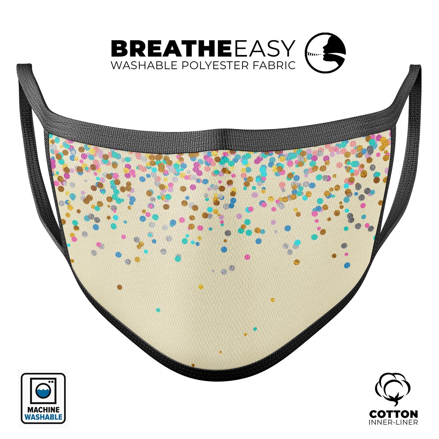 Multicolor Falling Confetti Over Off White Mouth Cover, a stylish and comfortable face mask made in the USA from cotton.