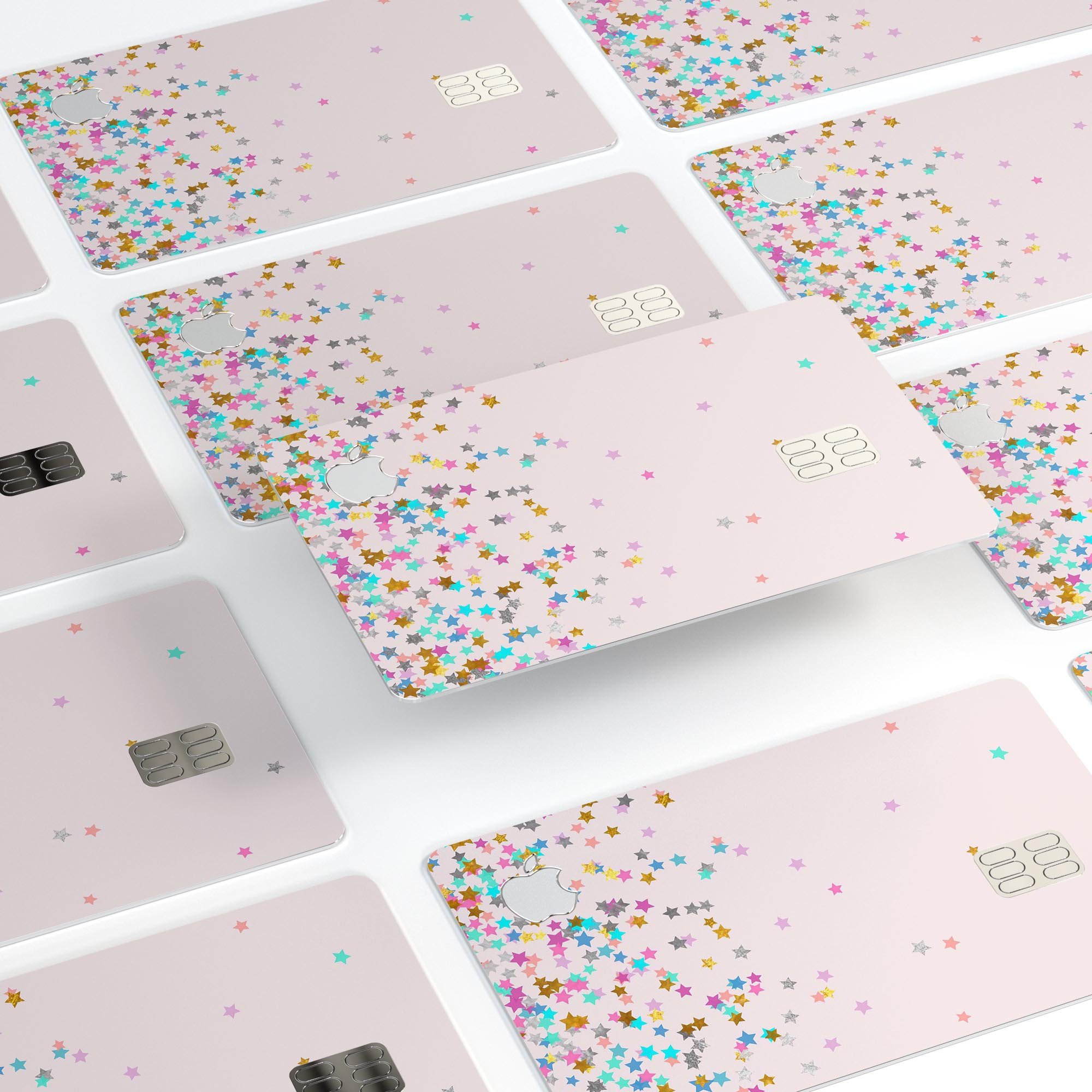 Multicolor Birthday Dots skin for Apple Card, featuring vibrant colors on a pink background, designed for protection and style.
