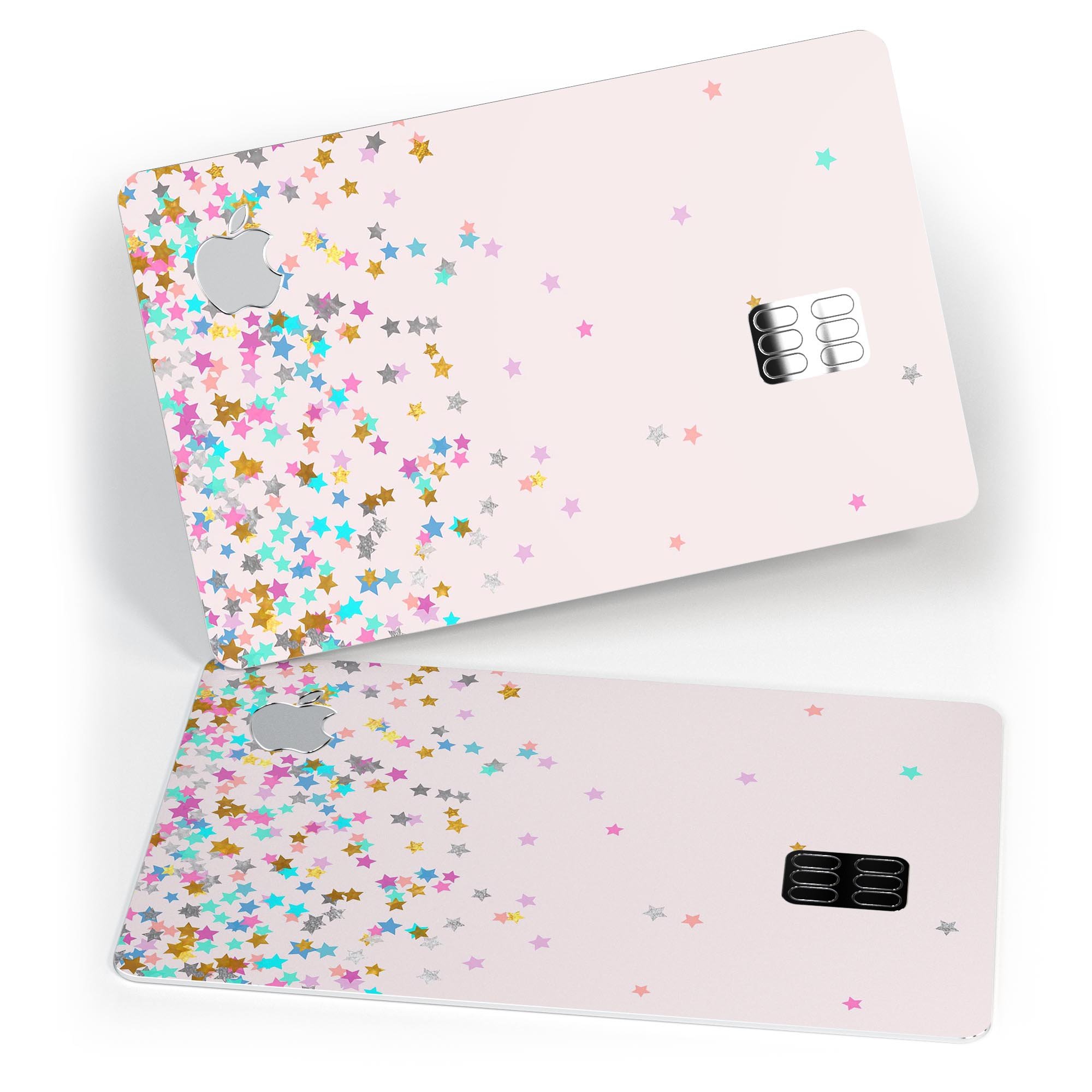 Multicolor Birthday Dots skin for Apple Card, featuring vibrant colors on a pink background, designed for protection and style.