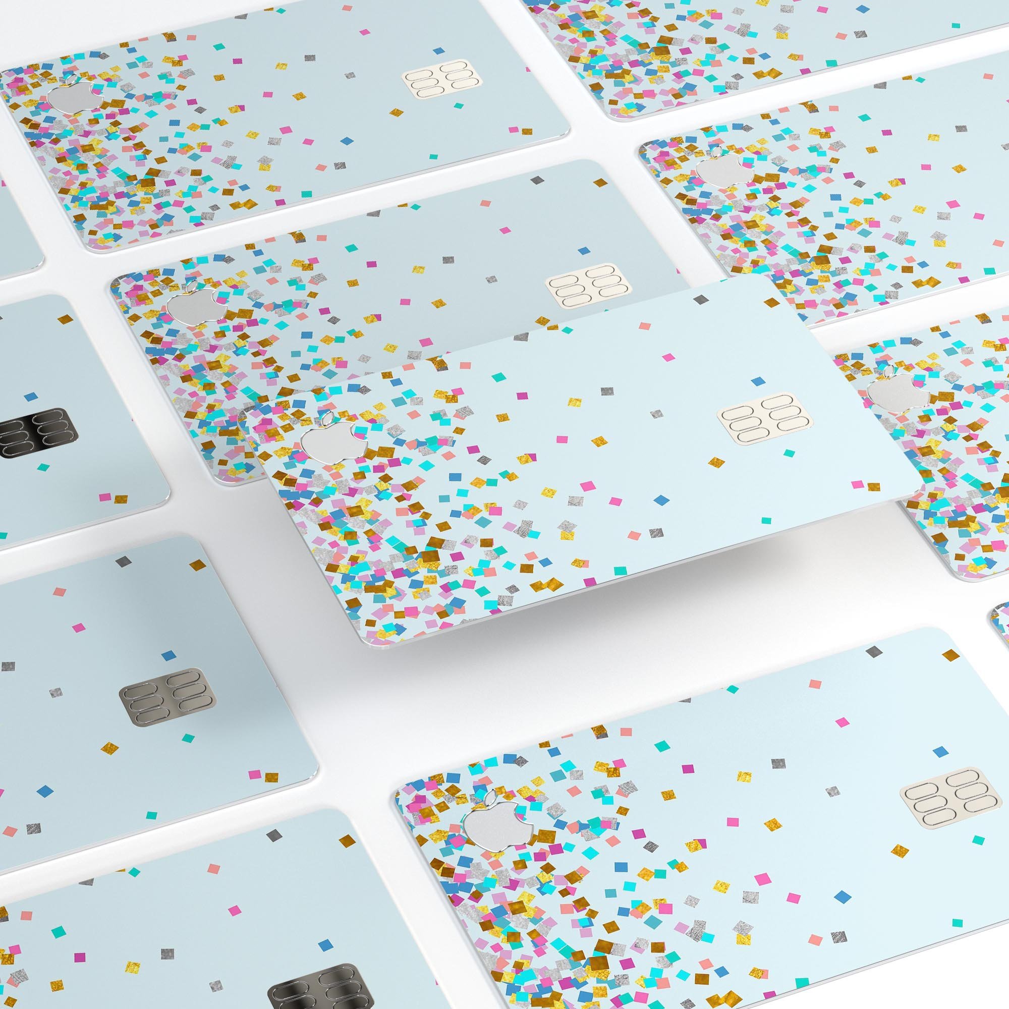 Multicolor Falling Blocks decal over a blue background, designed for Apple Card protection.
