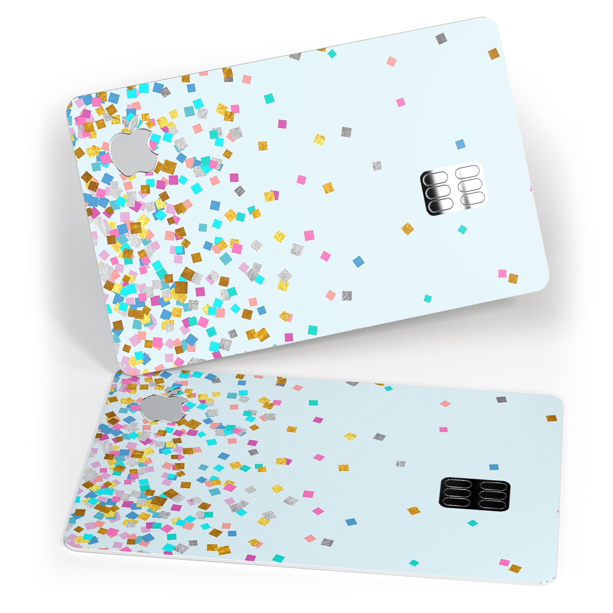 Multicolor Falling Blocks decal over a blue background, designed for Apple Card protection.