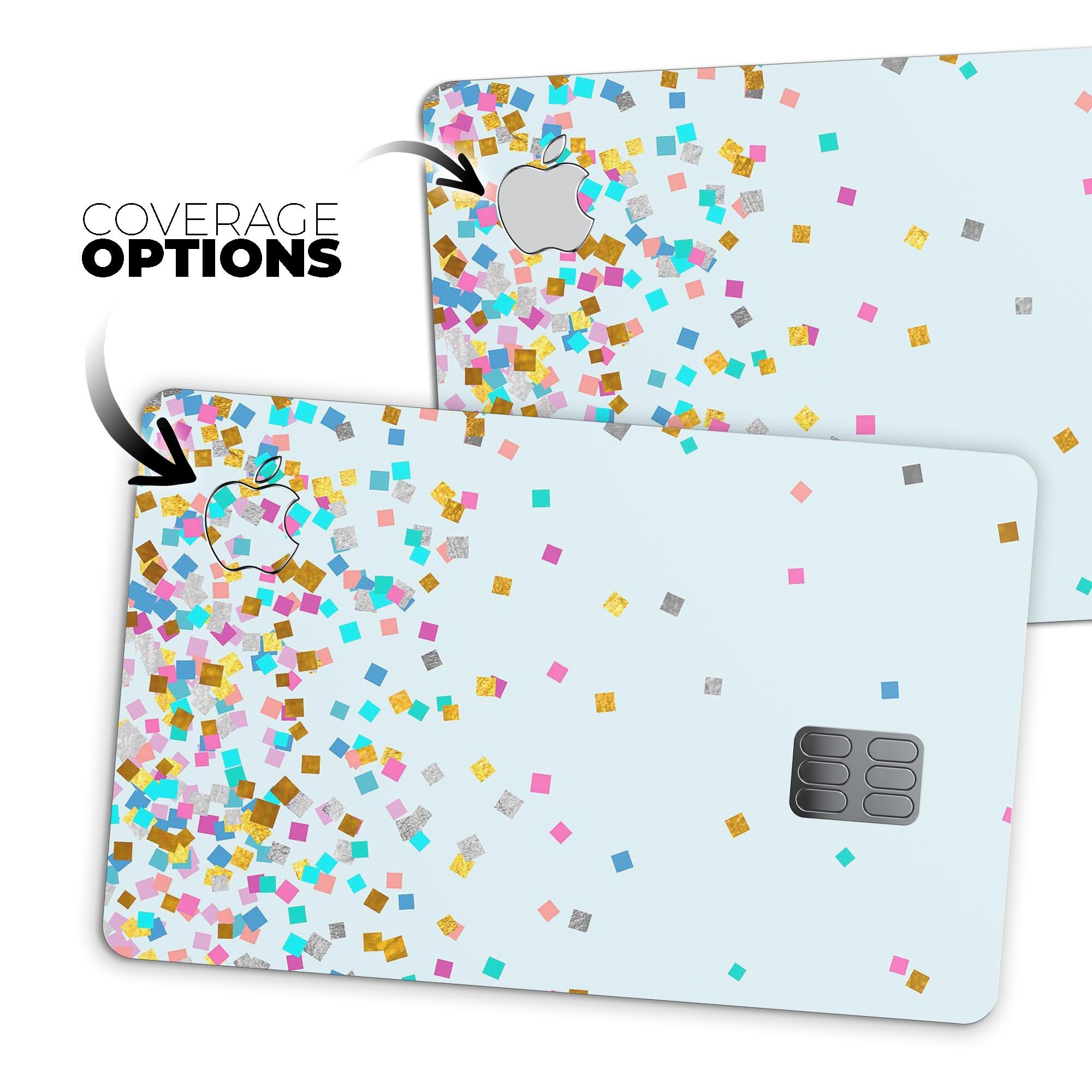 Multicolor Falling Blocks decal over a blue background, designed for Apple Card protection.