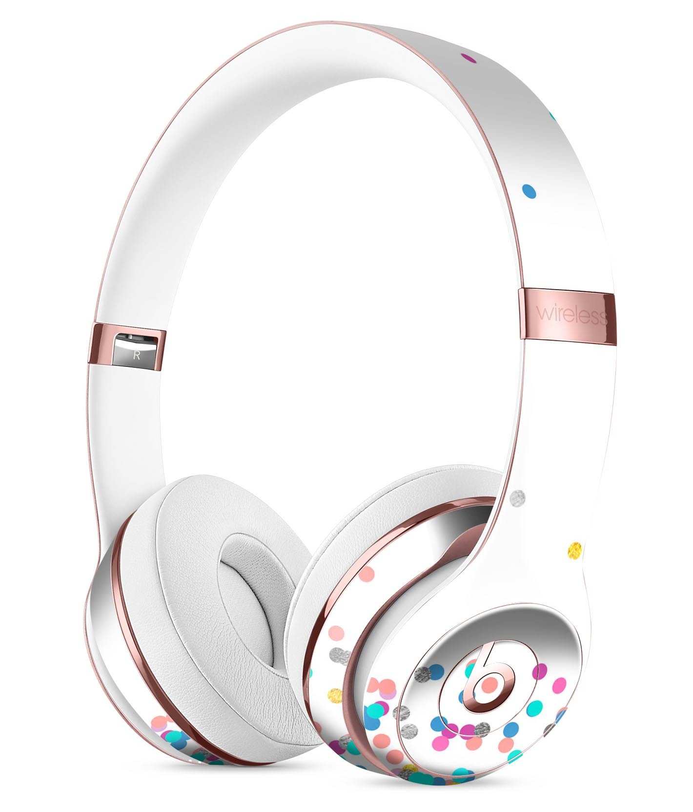 Multicolor polka dot skin kit for Beats by Dre Solo 3 Wireless Headphones, showcasing vibrant colors and a stylish design.