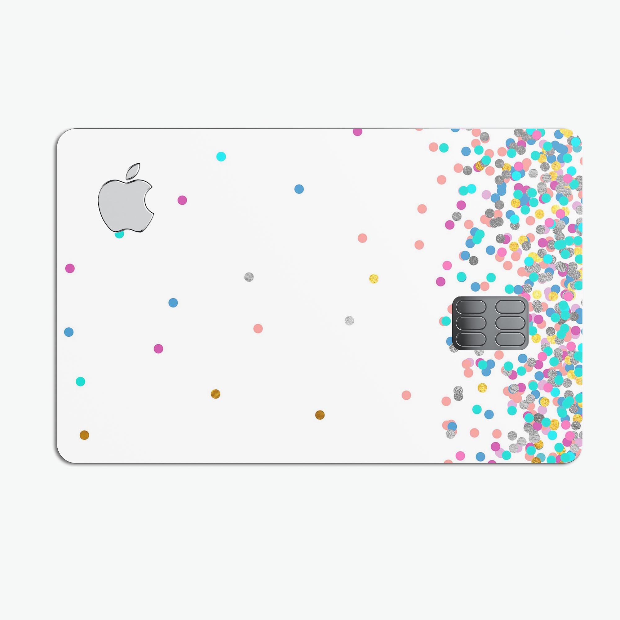 Multicolor polka dot decal skin kit for Apple Card, showcasing vibrant colors and a protective design.
