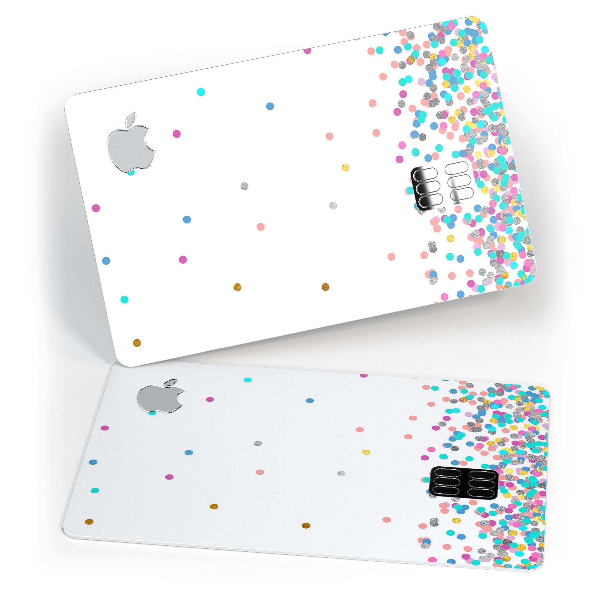 Multicolor polka dot decal skin kit for Apple Card, showcasing vibrant colors and a protective design.