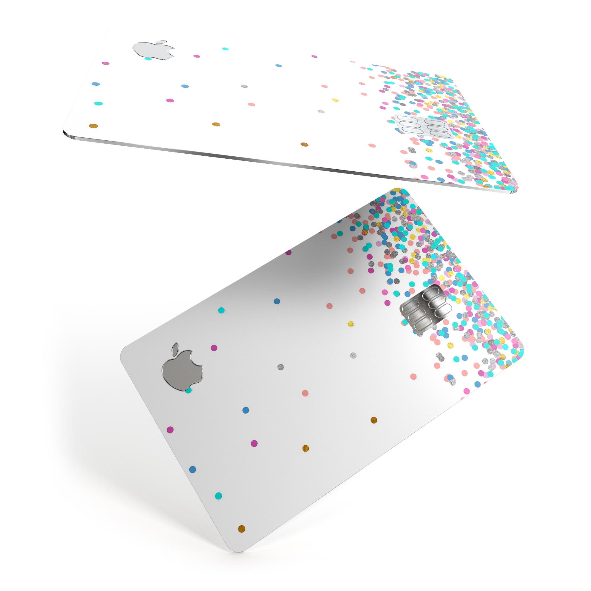 Multicolor polka dot decal skin kit for Apple Card, showcasing vibrant colors and a protective design.