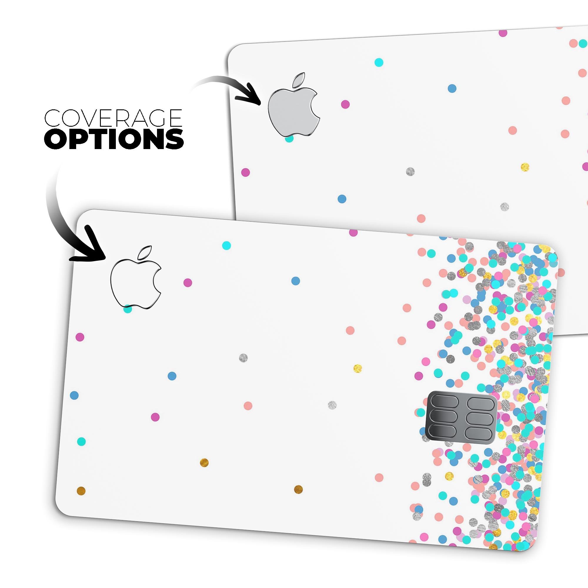 Multicolor polka dot decal skin kit for Apple Card, showcasing vibrant colors and a protective design.