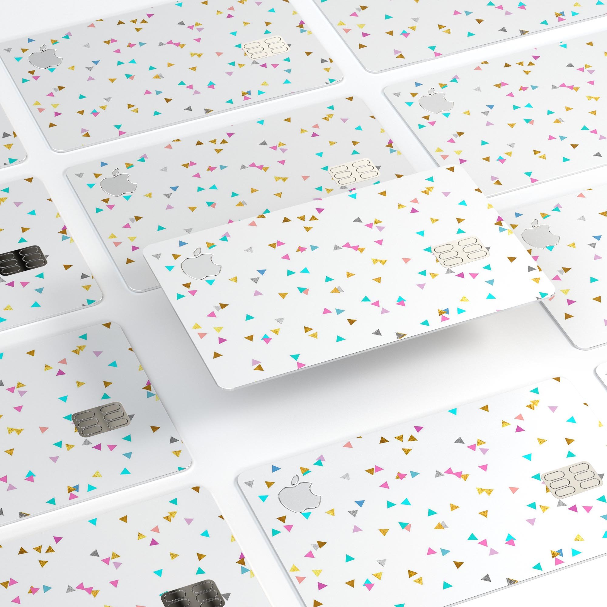 Multicolor Scattered Triangles decal skin for Apple Card, showcasing vibrant colors and premium vinyl material.