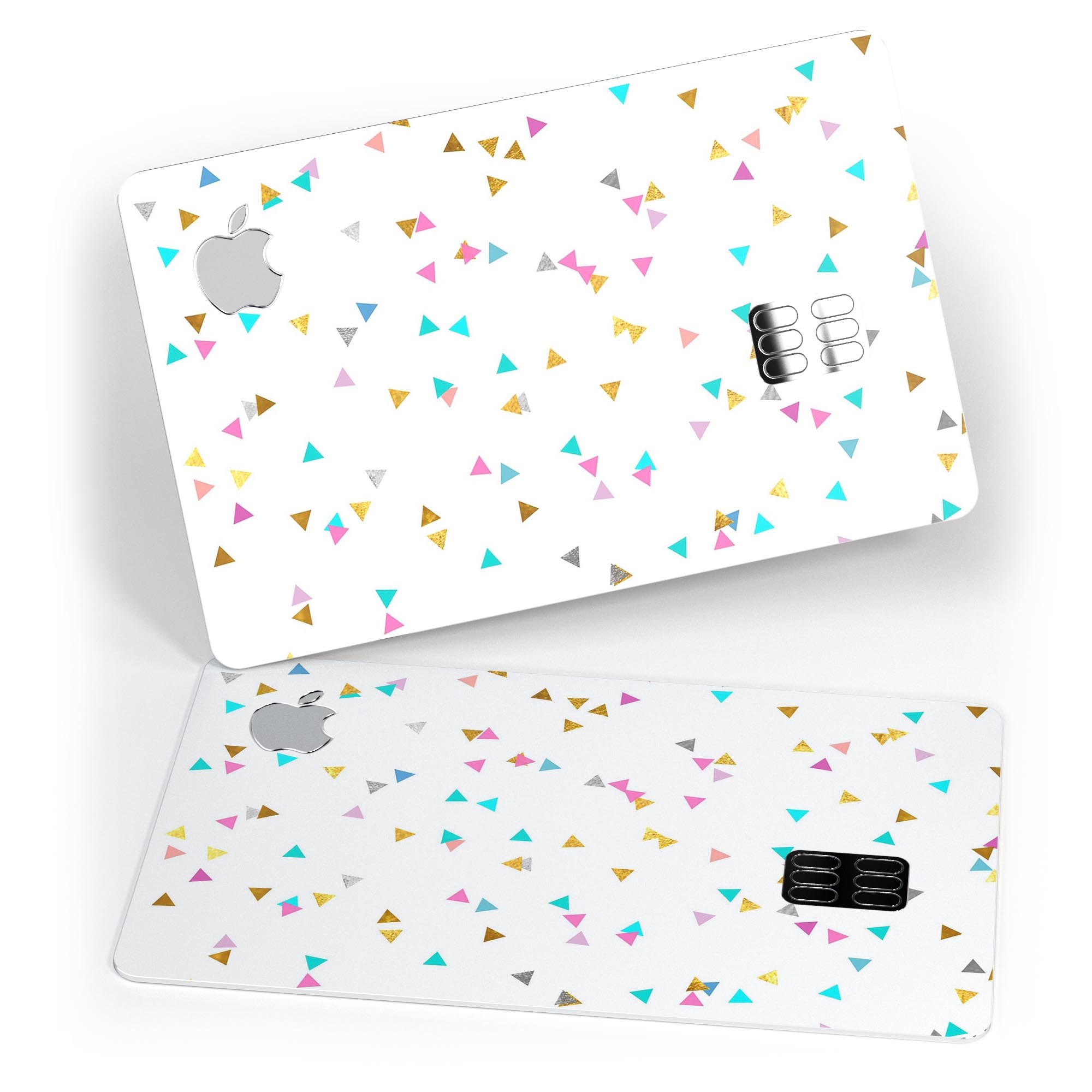 Multicolor Scattered Triangles decal skin for Apple Card, showcasing vibrant colors and premium vinyl material.