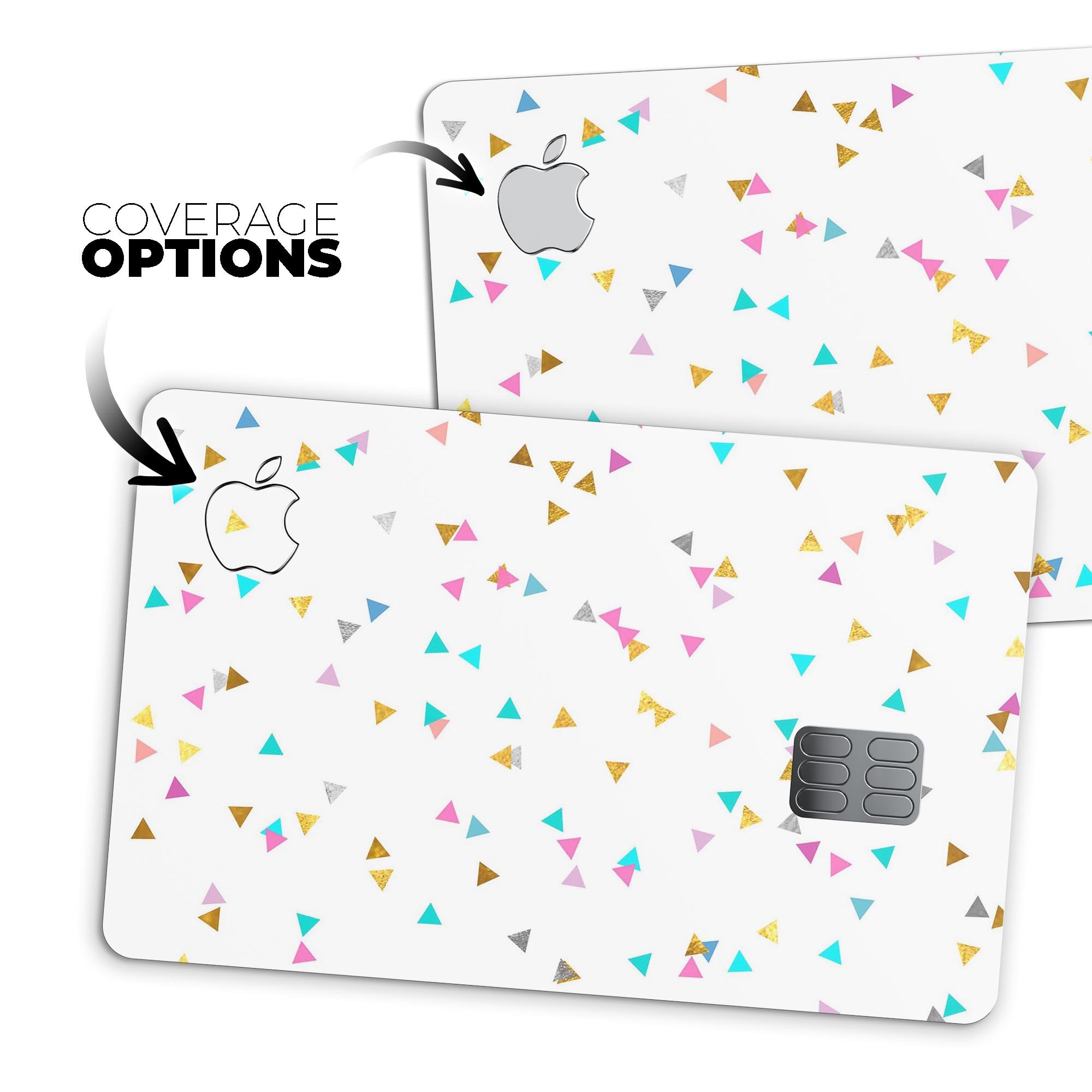 Multicolor Scattered Triangles decal skin for Apple Card, showcasing vibrant colors and premium vinyl material.