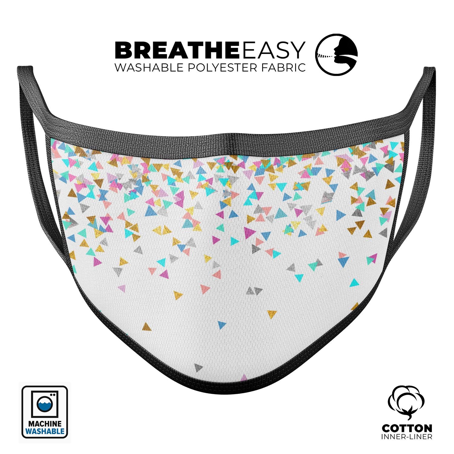 Multicolor triangles face mask over a white background, showcasing its vibrant design and adjustable ear loops.