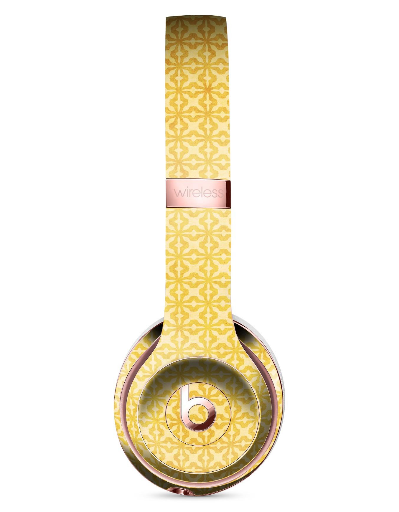 Mustard yellow cross pattern skin kit for Beats by Dre Solo 3 Wireless headphones, showcasing vibrant design and precise fit.