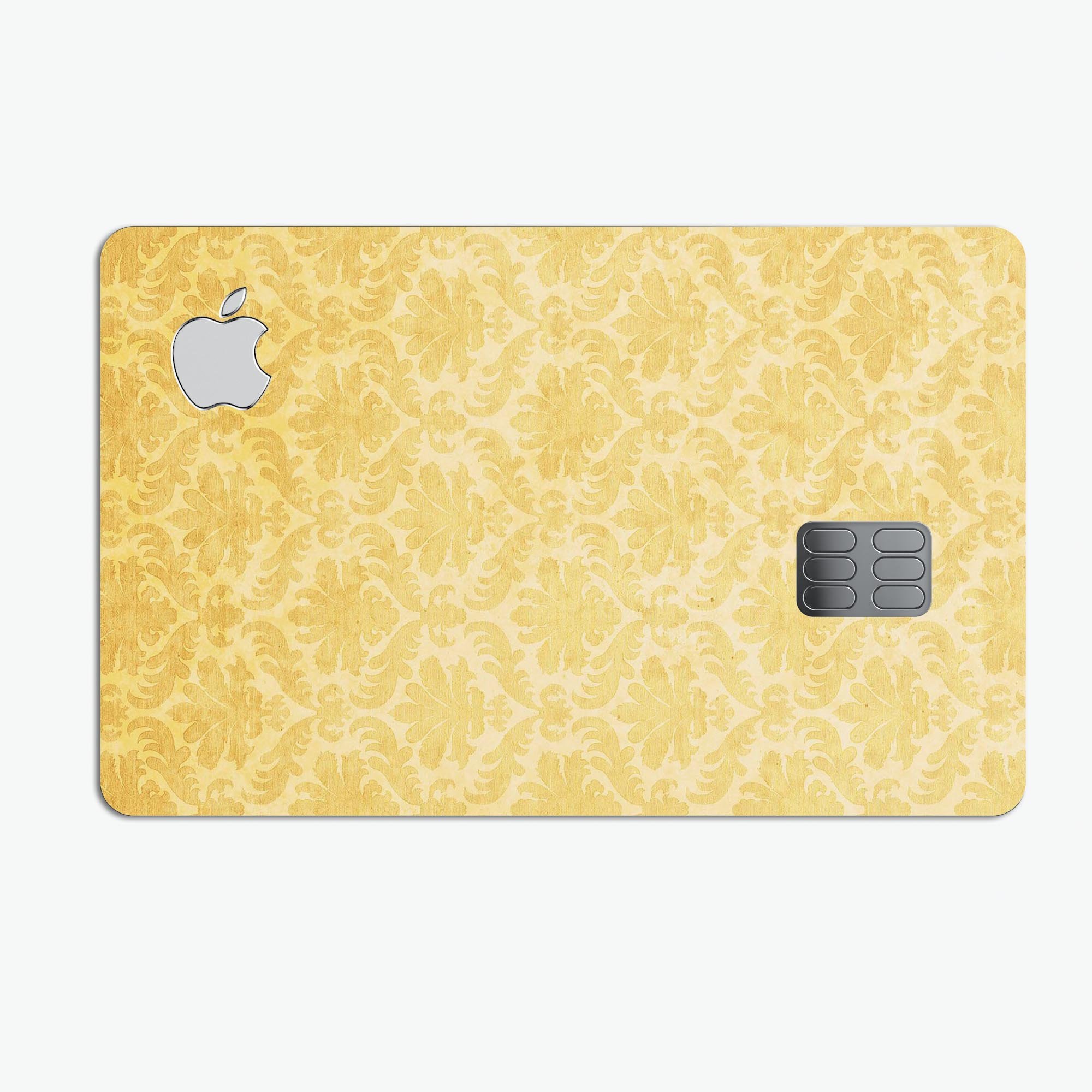 Mustard yellow damask pattern protective decal skin for Apple Card, showcasing its vibrant design and premium quality.