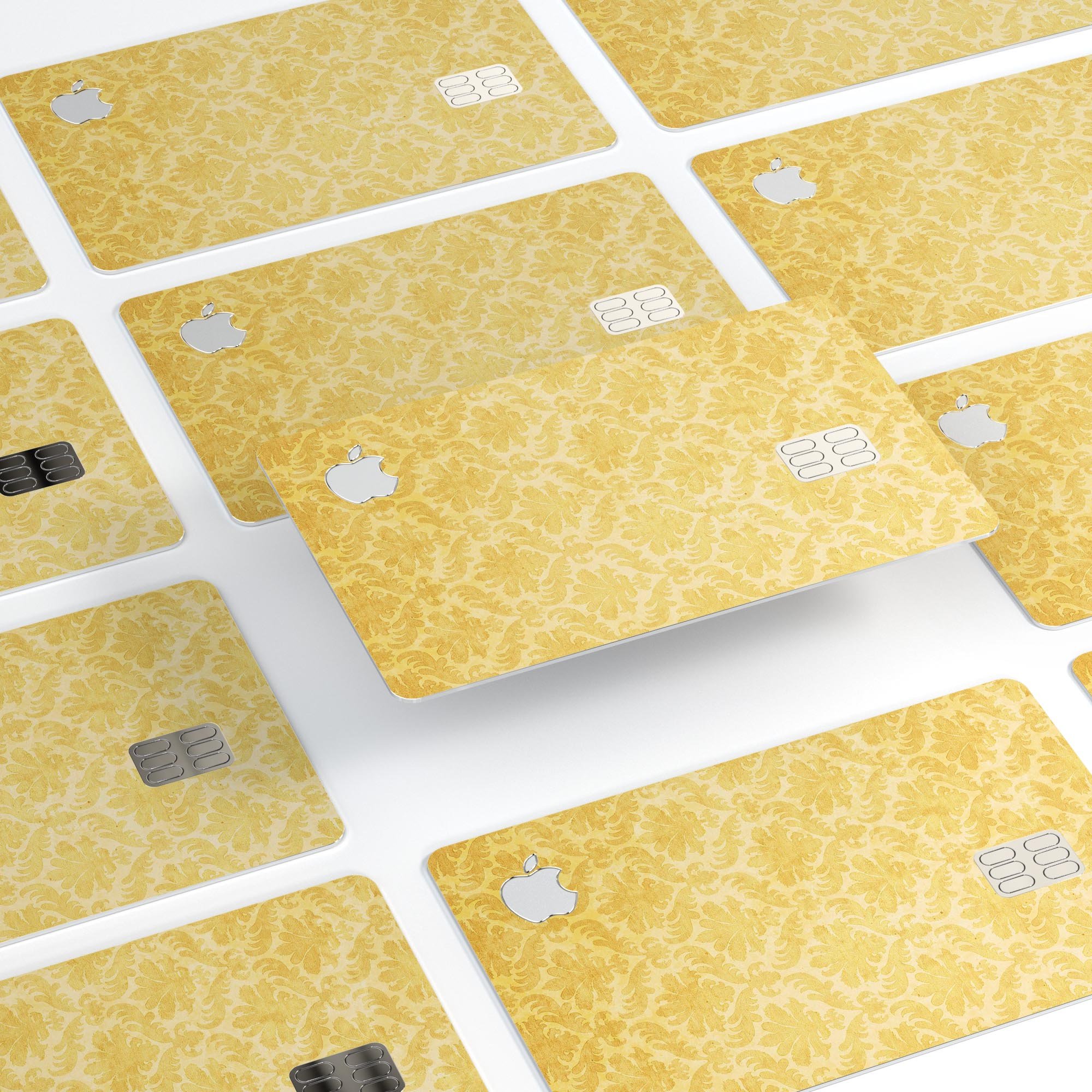 Mustard yellow damask pattern protective decal skin for Apple Card, showcasing its vibrant design and premium quality.