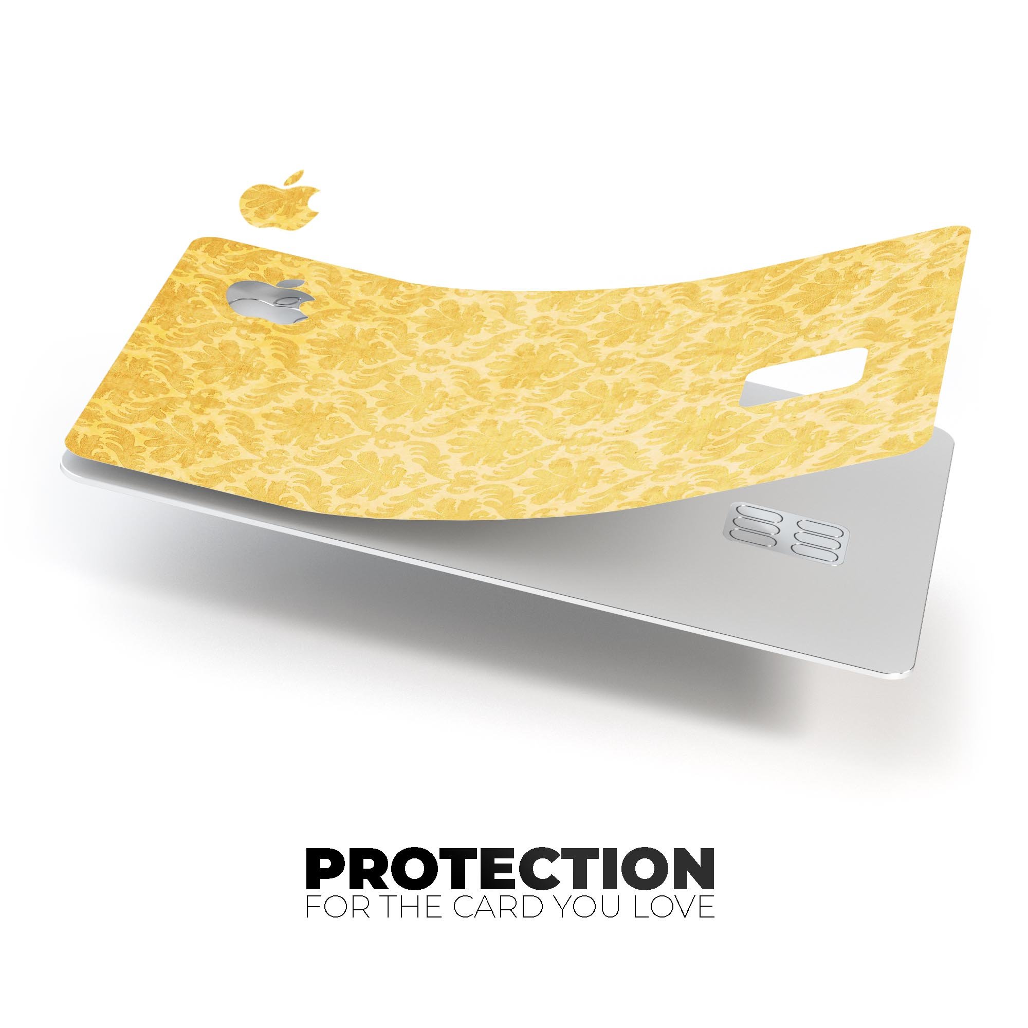 Mustard yellow damask pattern protective decal skin for Apple Card, showcasing its vibrant design and premium quality.