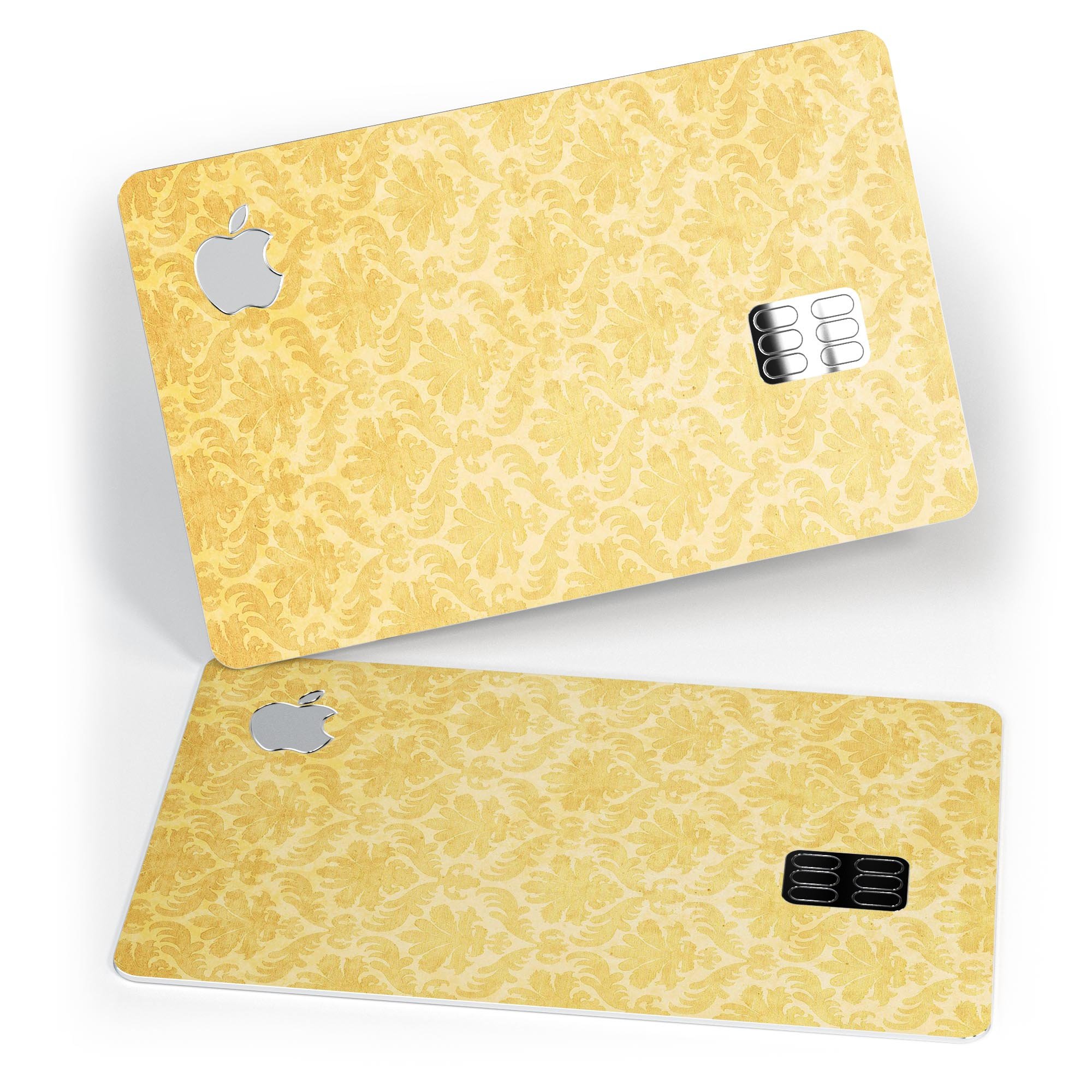 Mustard yellow damask pattern protective decal skin for Apple Card, showcasing its vibrant design and premium quality.