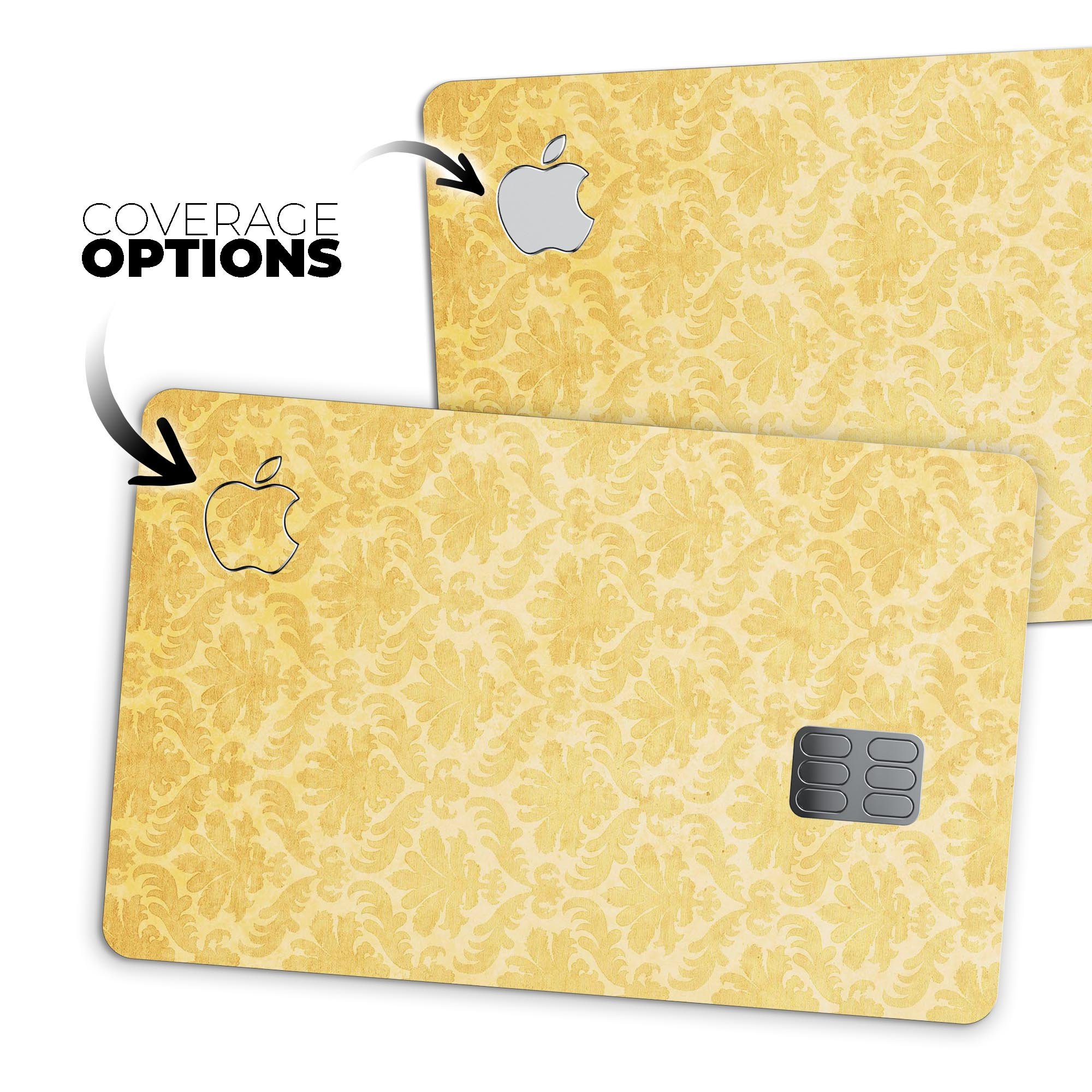 Mustard yellow damask pattern protective decal skin for Apple Card, showcasing its vibrant design and premium quality.