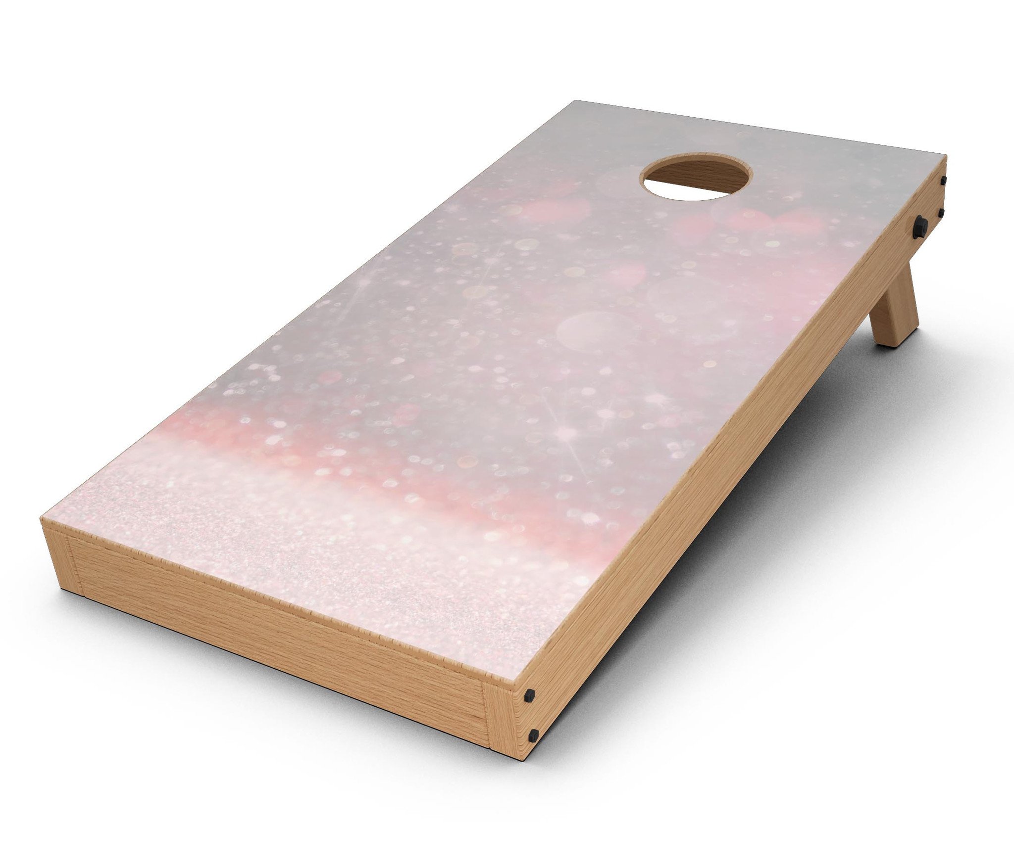 Muted Pink and Grunge Shimmering Orbs Cornhole Board Skin Decal Kit displayed on a Cornhole board, showcasing vibrant colors and unique design.