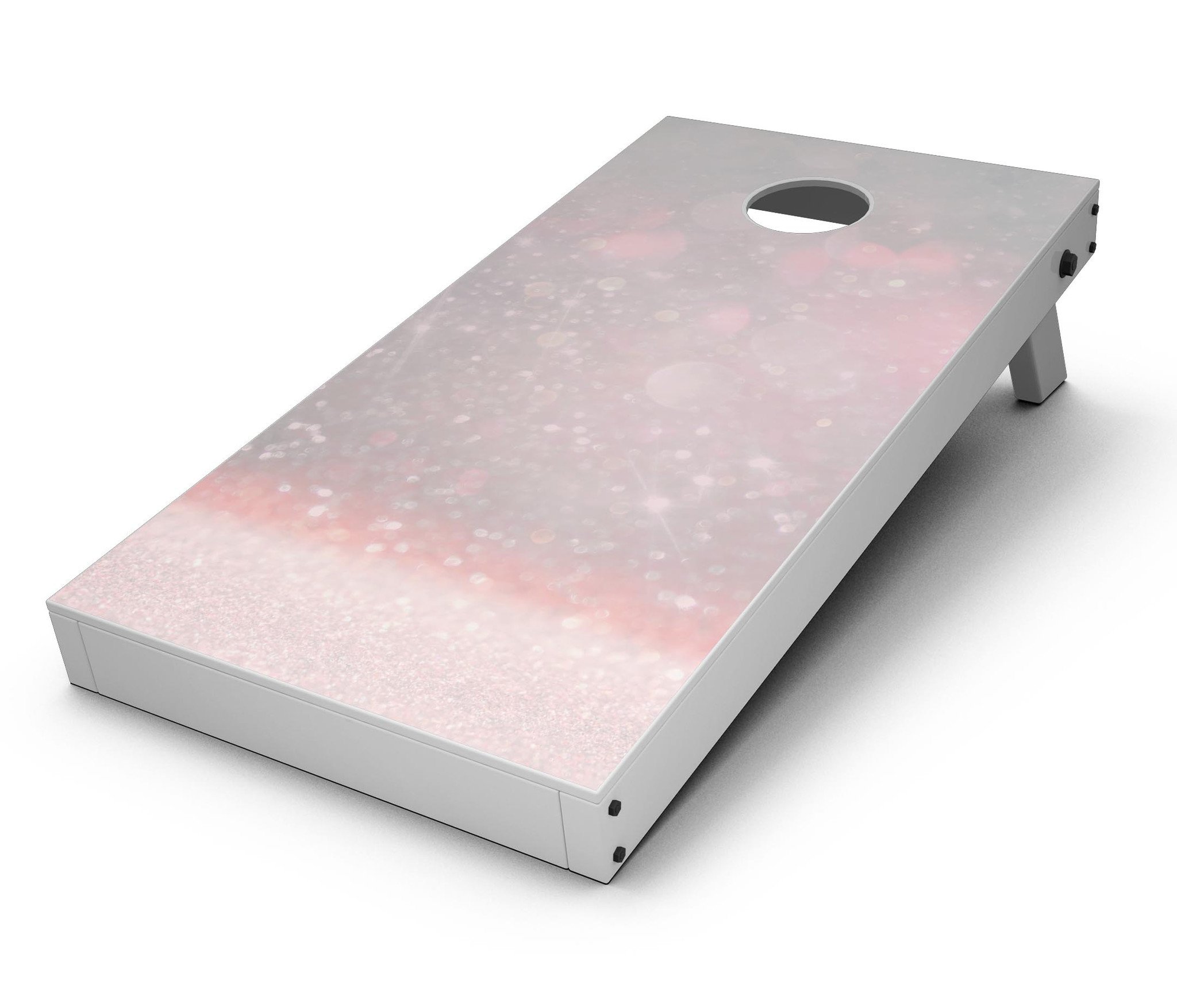 Muted Pink and Grunge Shimmering Orbs Cornhole Board Skin Decal Kit displayed on a Cornhole board, showcasing vibrant colors and unique design.