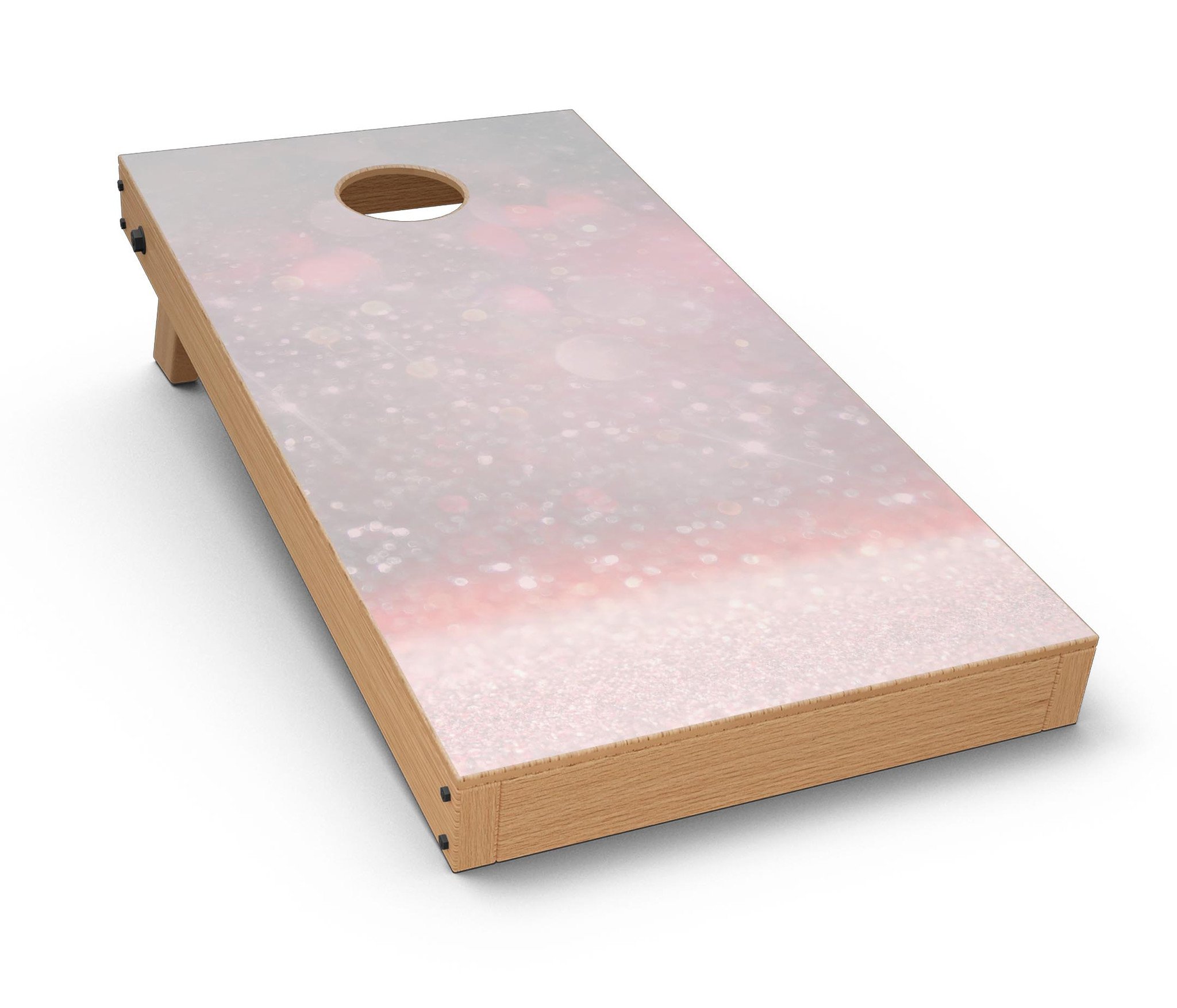 Muted Pink and Grunge Shimmering Orbs Cornhole Board Skin Decal Kit displayed on a Cornhole board, showcasing vibrant colors and unique design.