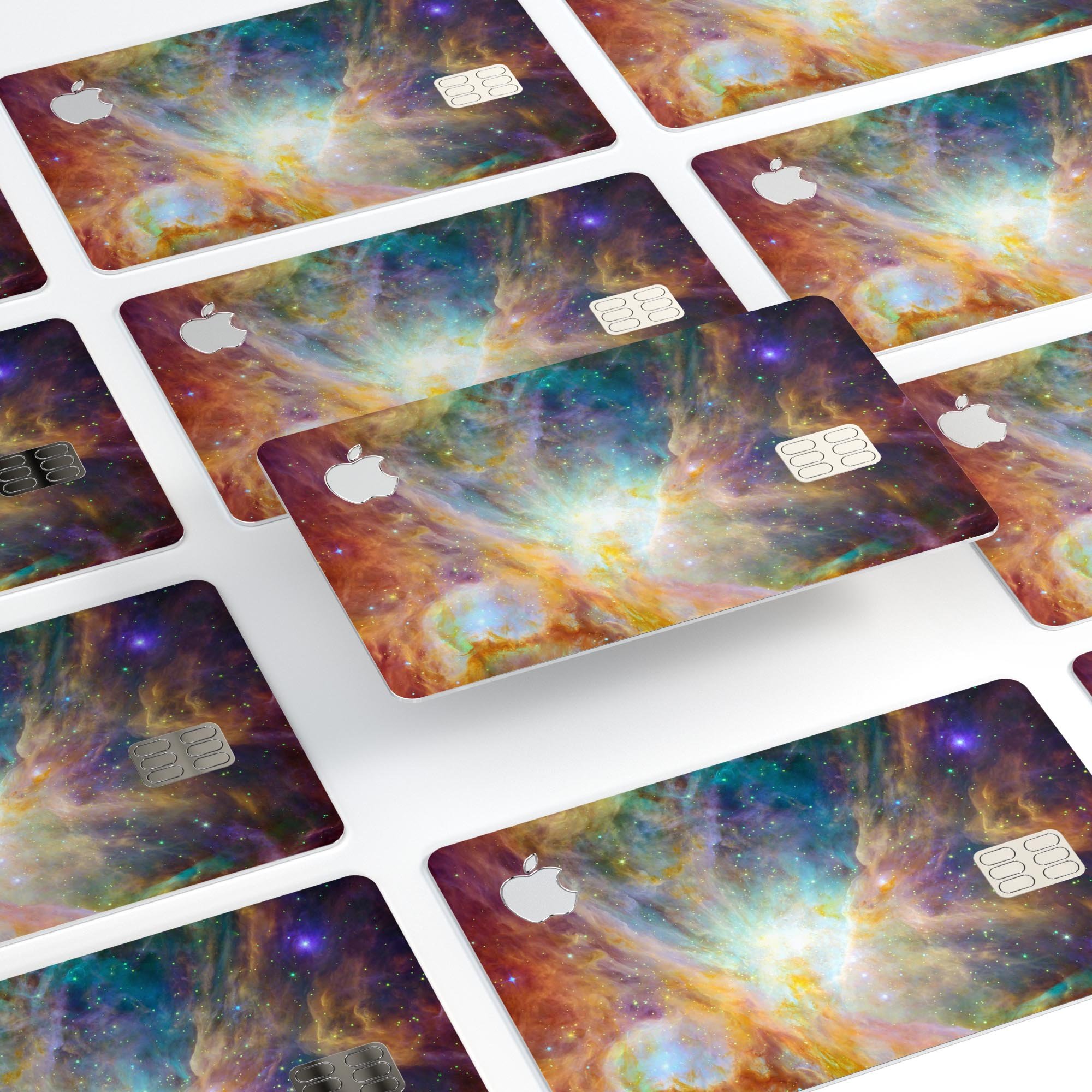 Multi-Colored Clouded Universe decal skin kit for Apple Card, showcasing vibrant colors and premium vinyl material.