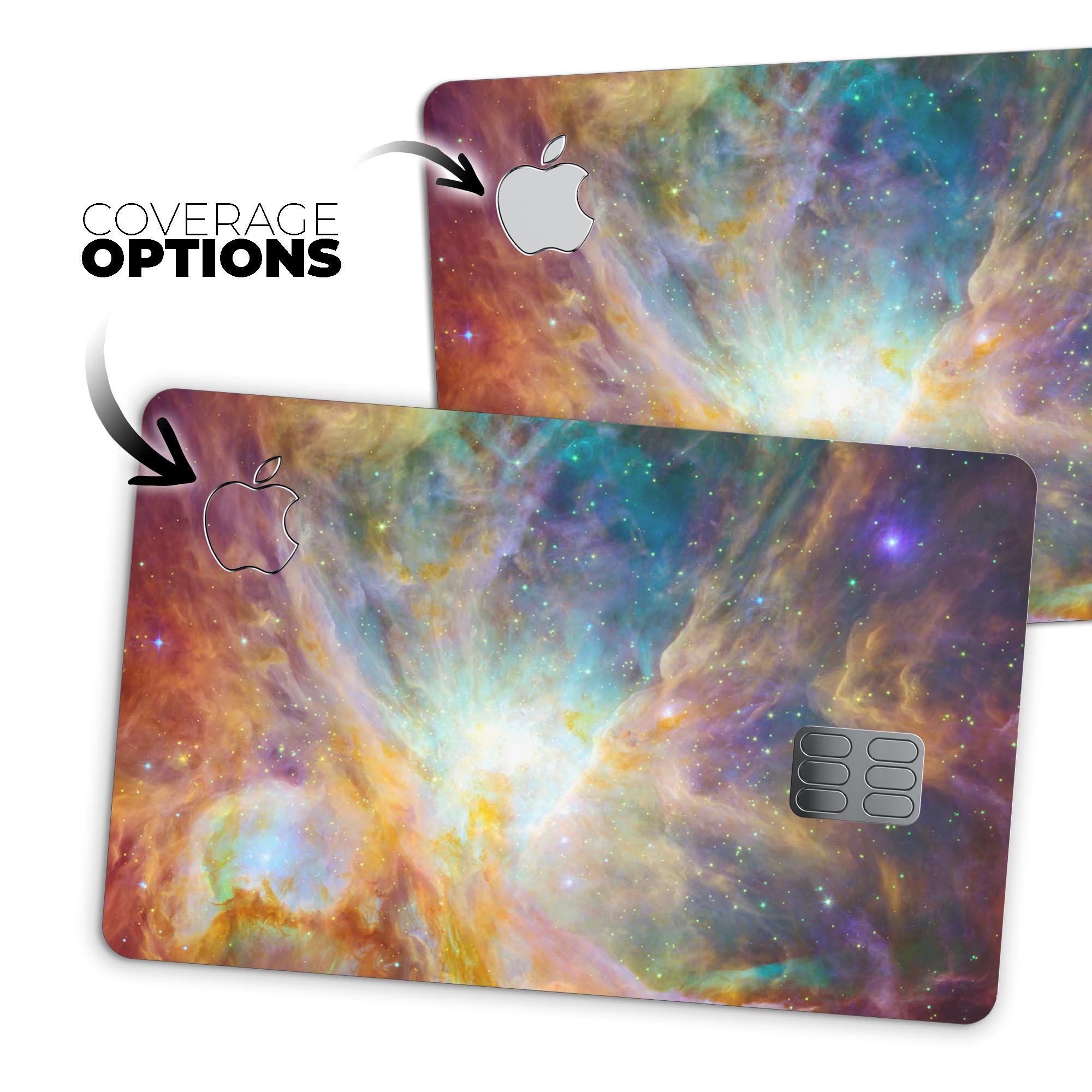 Multi-Colored Clouded Universe decal skin kit for Apple Card, showcasing vibrant colors and premium vinyl material.