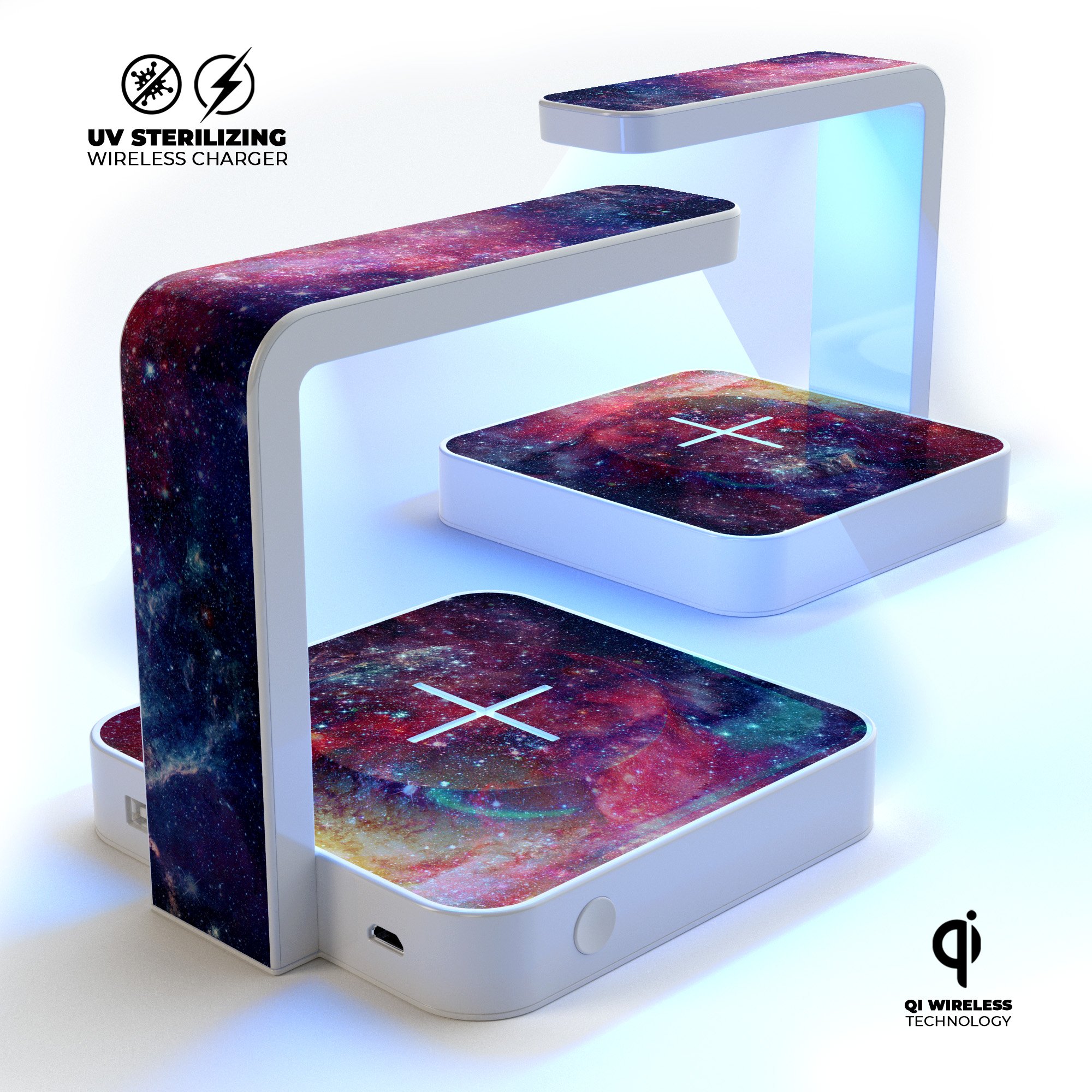 NASA Inspired Deep Nebula UV Germicidal Sanitizing Sterilizing charger with a sleek design, showcasing its wireless charging and sterilizing features.