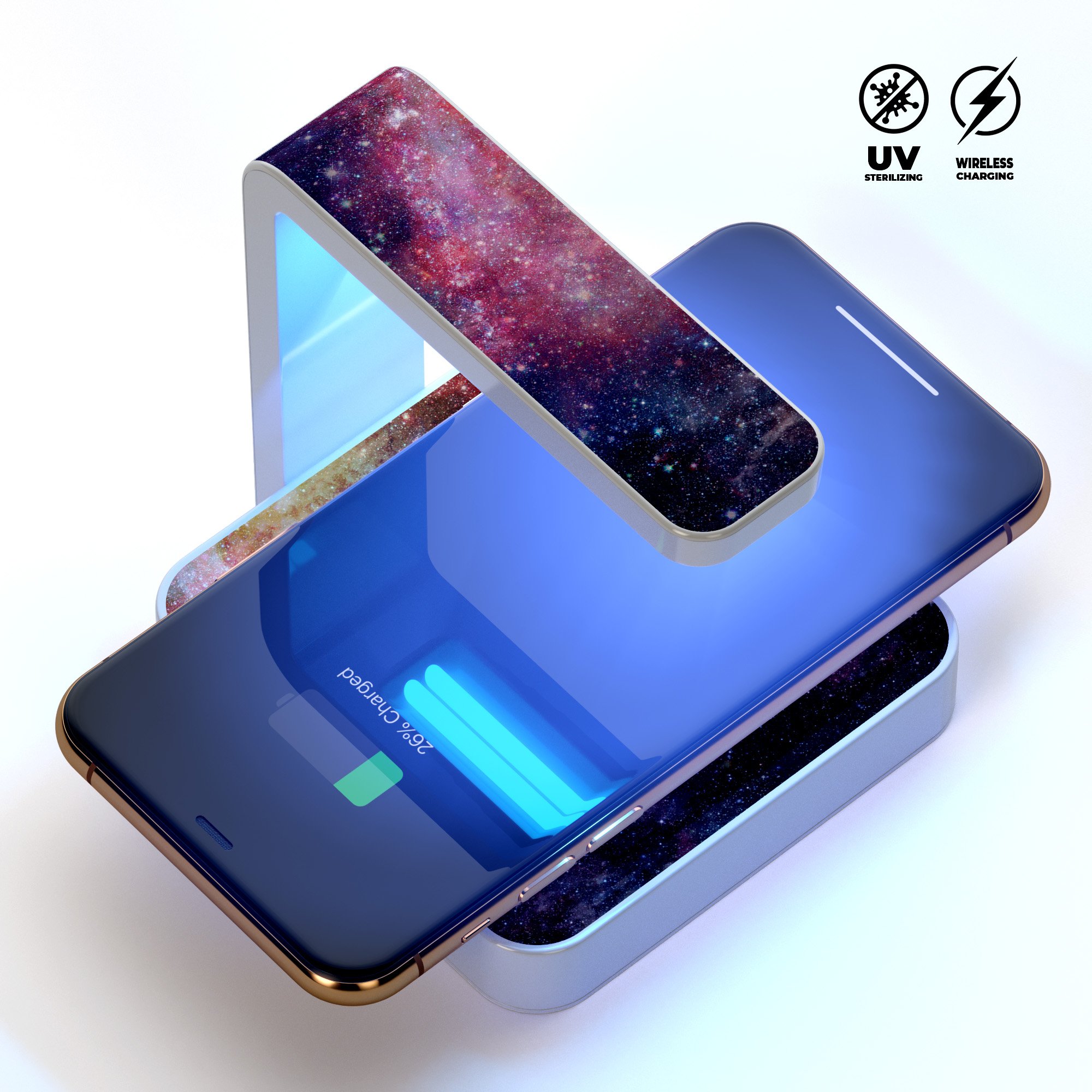 NASA Inspired Deep Nebula UV Germicidal Sanitizing Sterilizing charger with a sleek design, showcasing its wireless charging and sterilizing features.