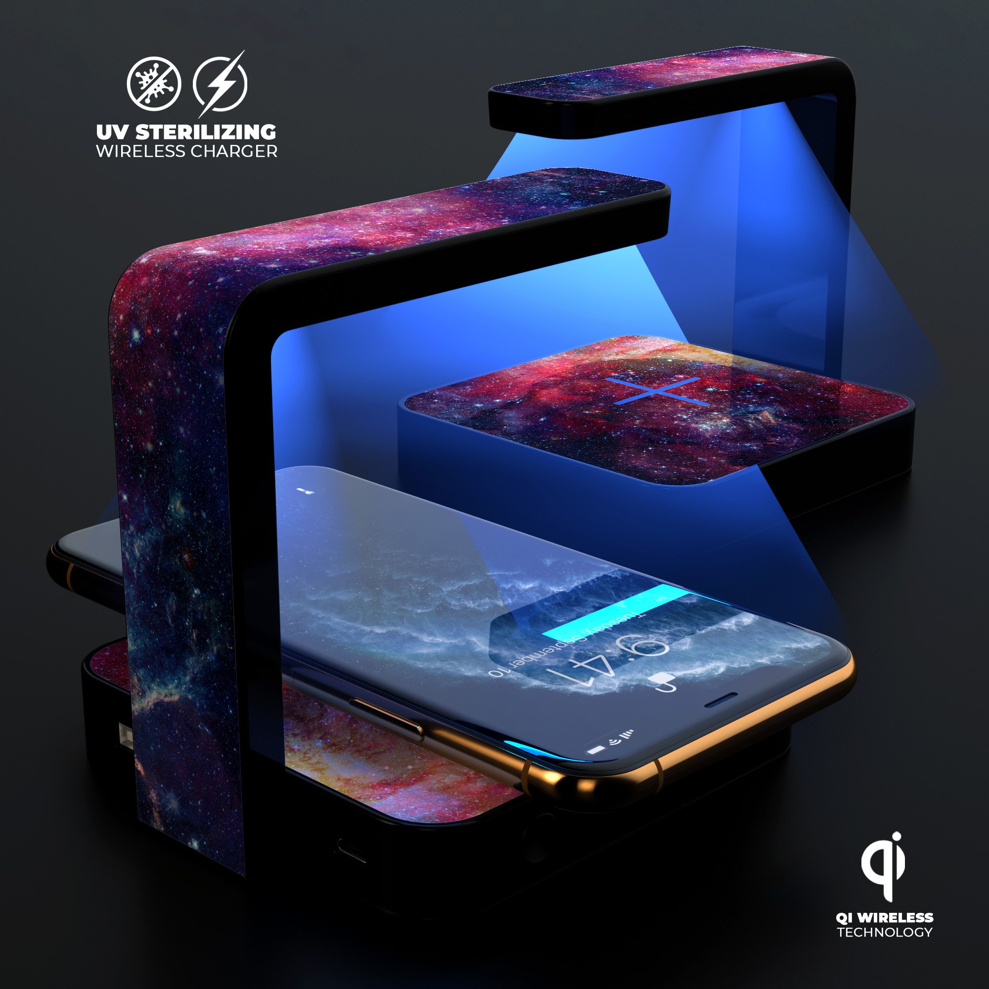 NASA Inspired Deep Nebula UV Germicidal Sanitizing Sterilizing charger with a sleek design, showcasing its wireless charging and sterilizing features.