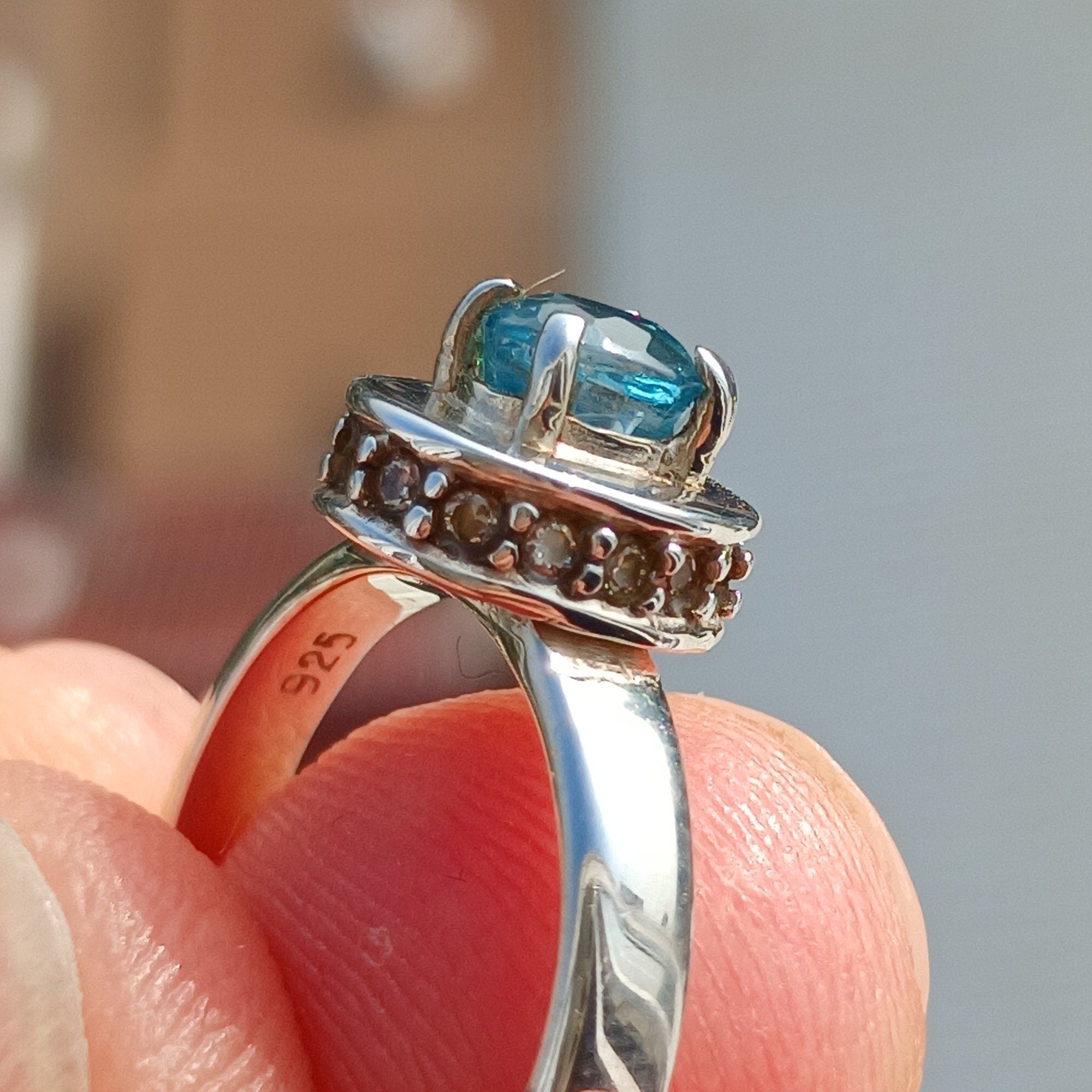 Natural Blue Zircon Ring in sterling silver, featuring an oval cut blue zircon gemstone, hallmarked 925, size 5.