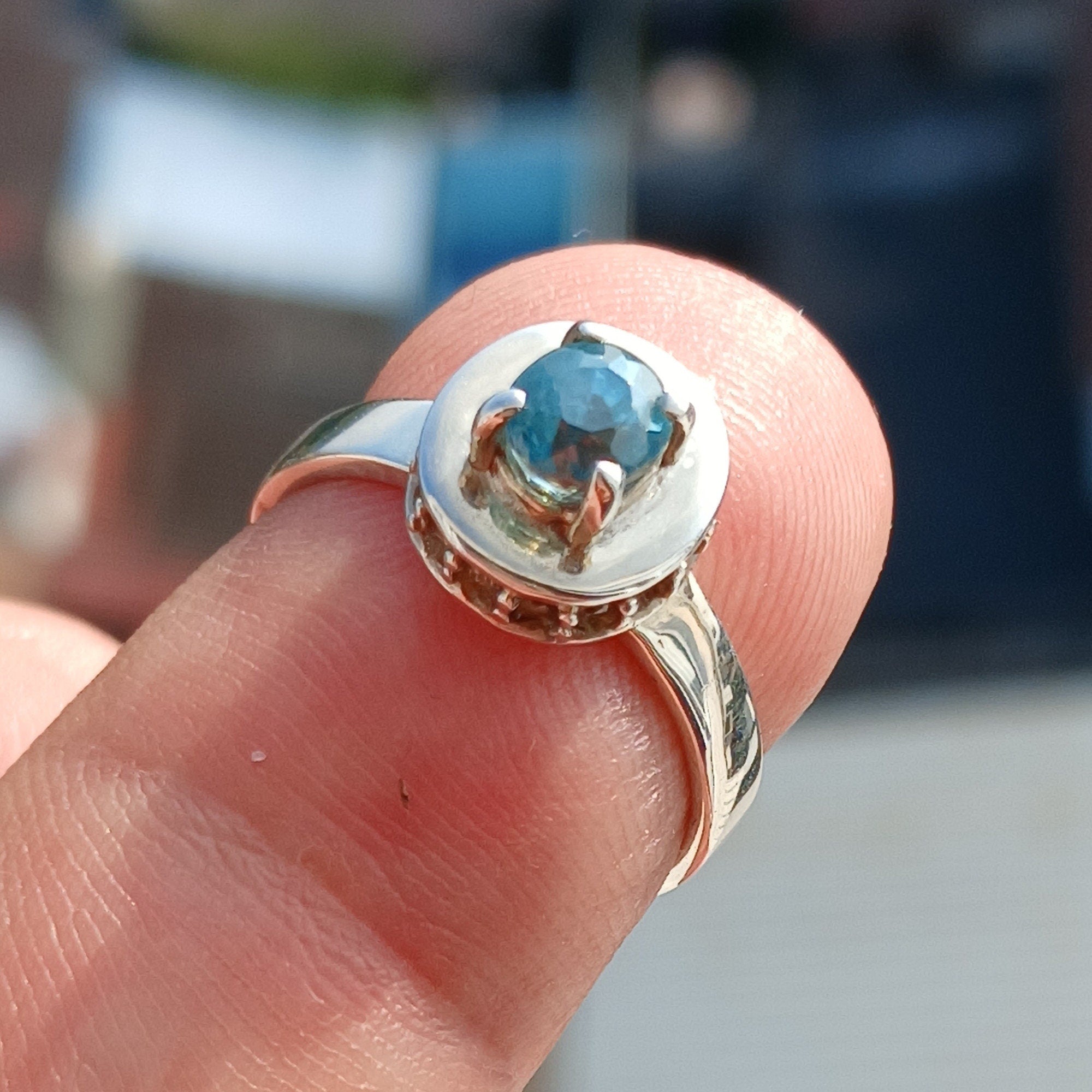 Natural Blue Zircon Ring in sterling silver, featuring an oval cut blue zircon gemstone, hallmarked 925, size 5.