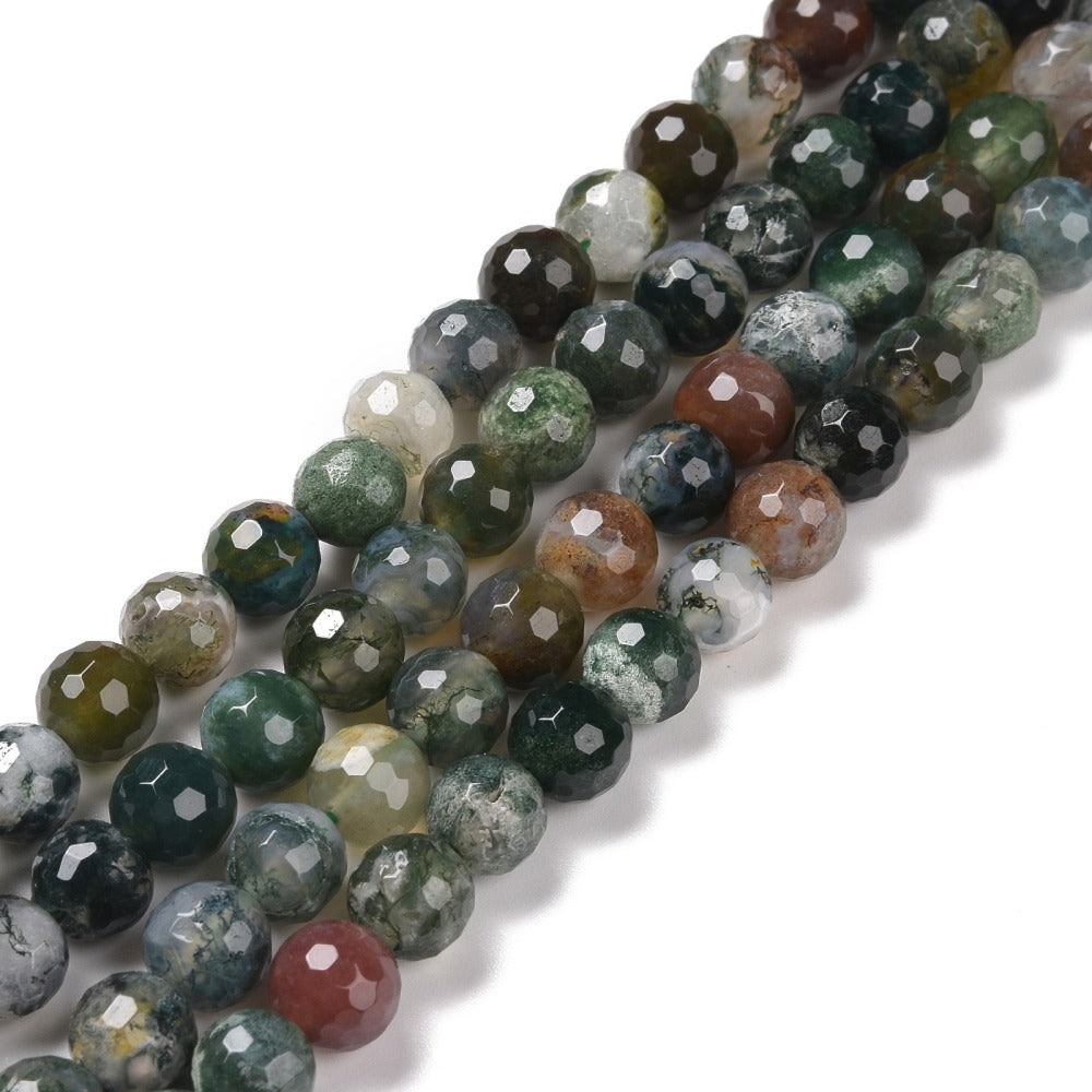 Natural Indian Agate Beads Strands, 8mm round beads with 128 facets, showcasing unique patterns and colors.