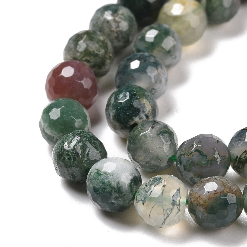Natural Indian Agate Beads Strands, 8mm round beads with 128 facets, showcasing unique patterns and colors.