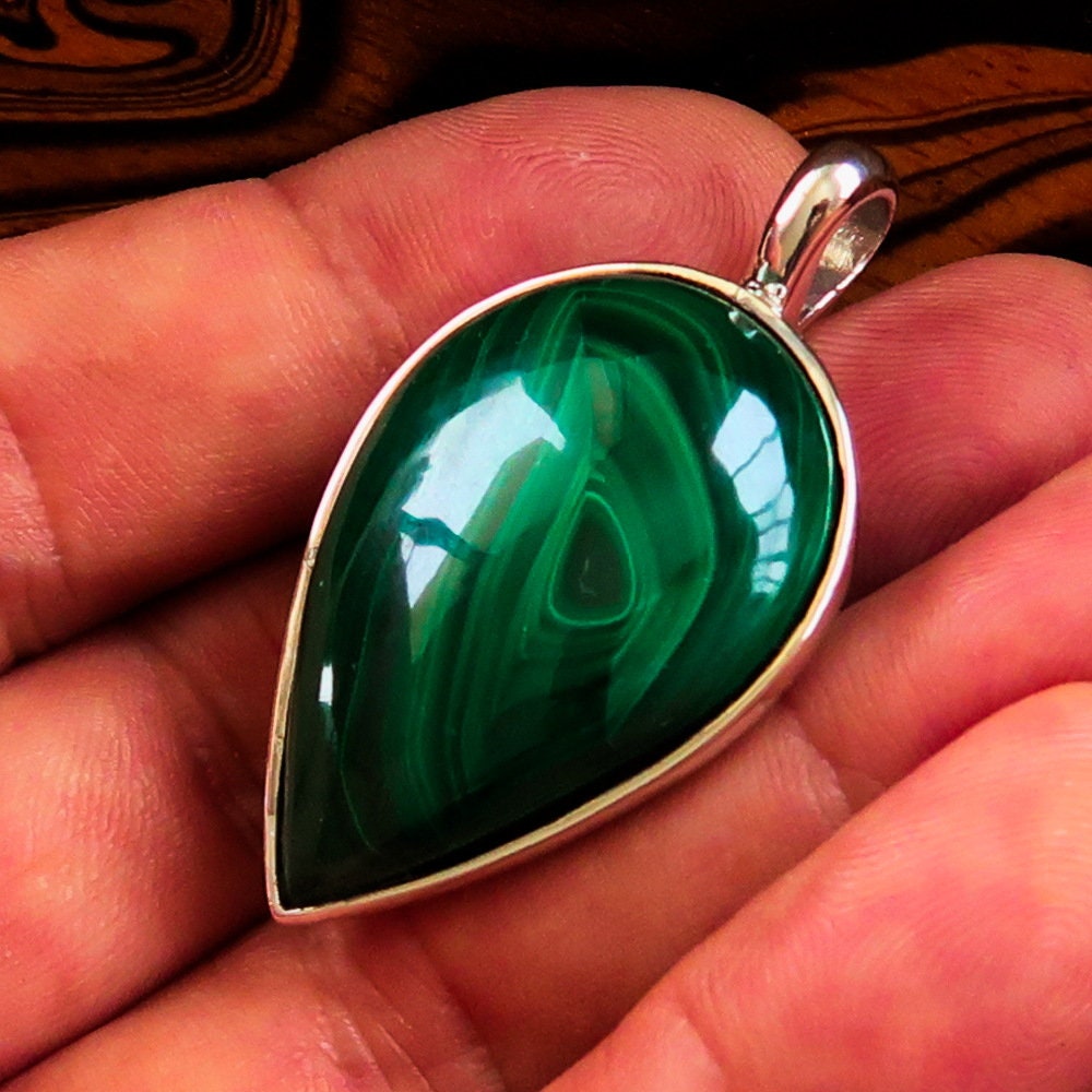 Natural Malachite Necklace featuring a pear-shaped Sterling Silver Pendant, showcasing vibrant green hues and elegant design.