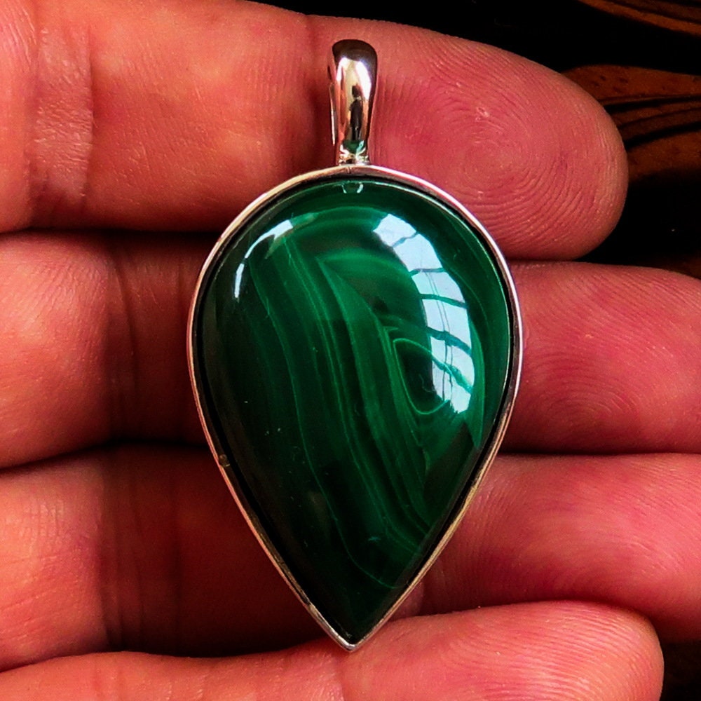 Natural Malachite Necklace featuring a pear-shaped Sterling Silver Pendant, showcasing vibrant green hues and elegant design.