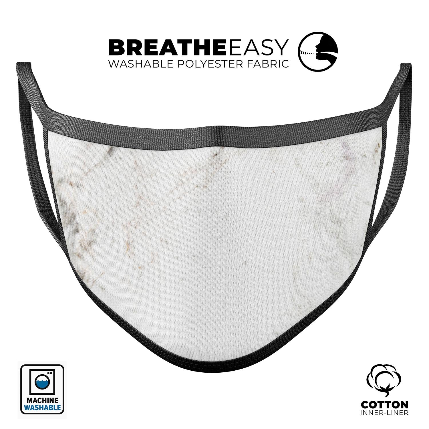 Natural White Marble Surface mouth cover, showcasing a stylish design with adjustable ear loops, made in the USA.